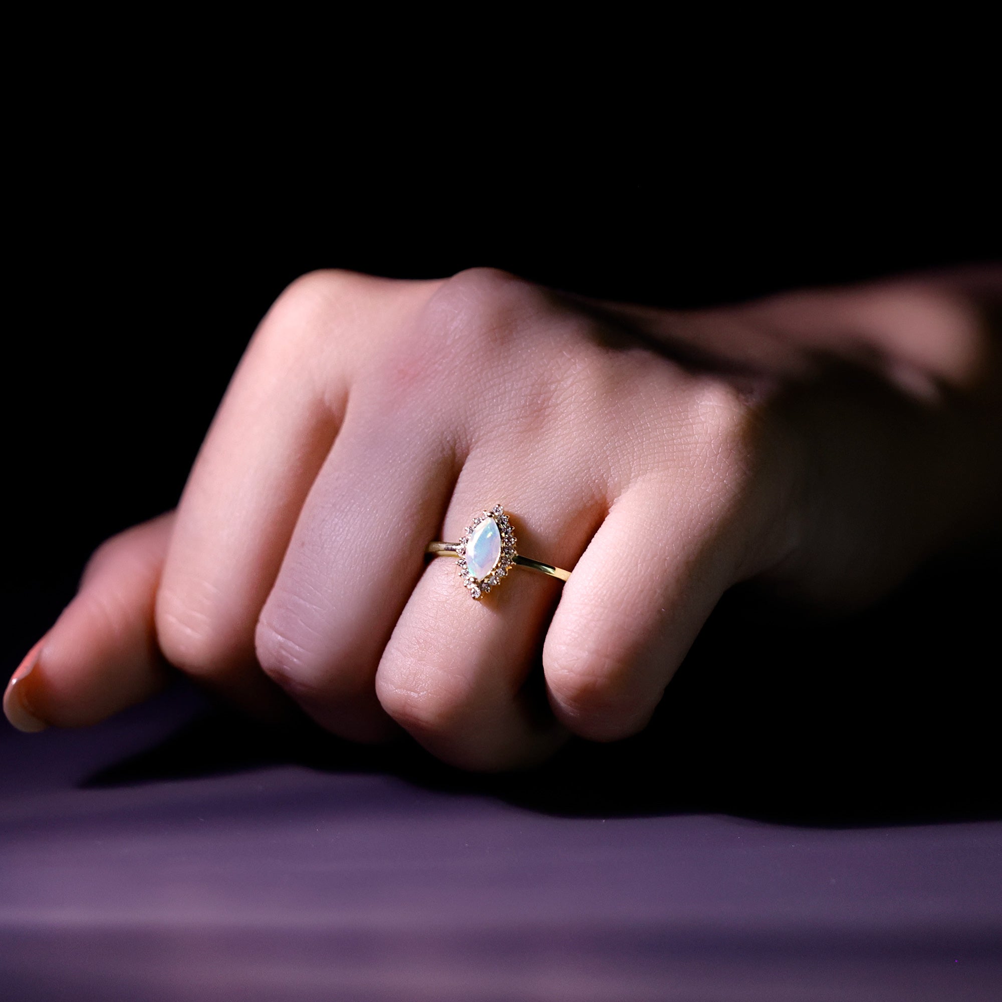 Ethiopian Opal 4x8mm Marquise Cut Engagement Ring with Diamond Halo AAA - Rosec Jewels
