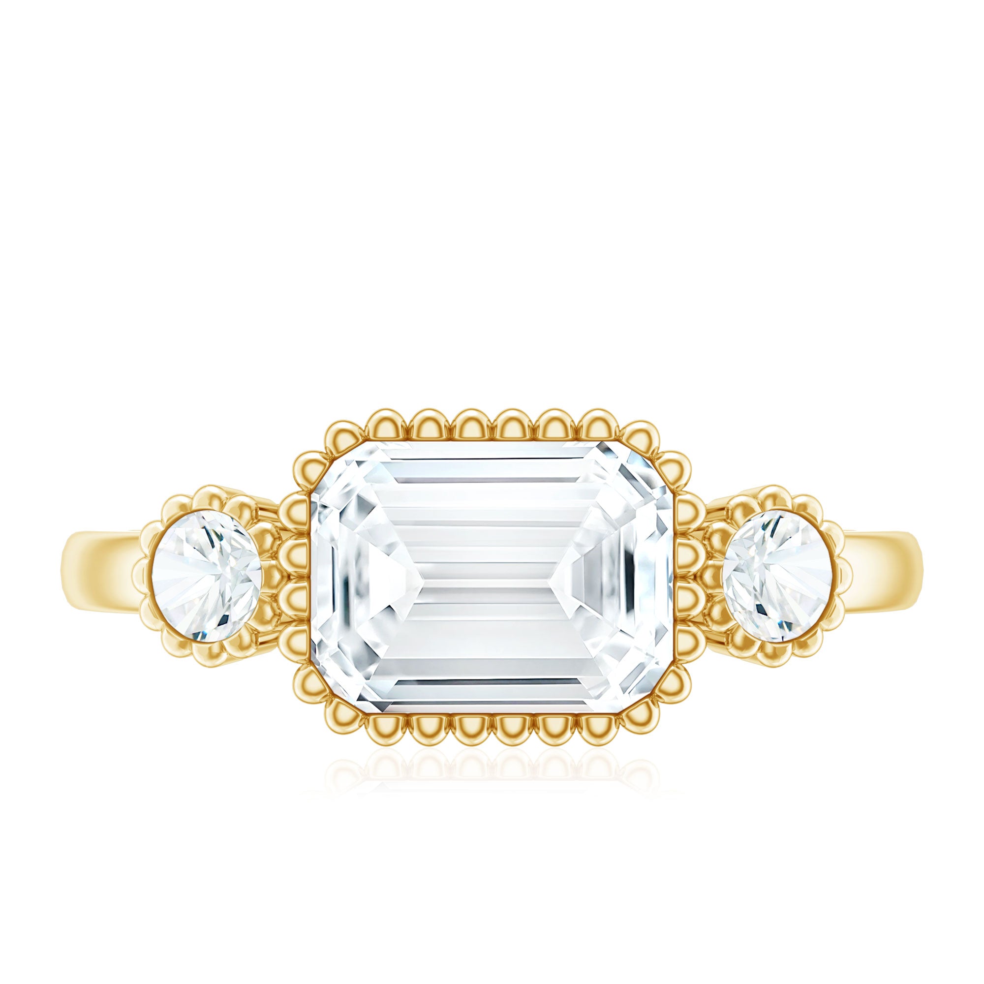 Emerald Cut Moissanite 3 Stone Engagement Ring in East West Style D-VS1 - Rosec Jewels