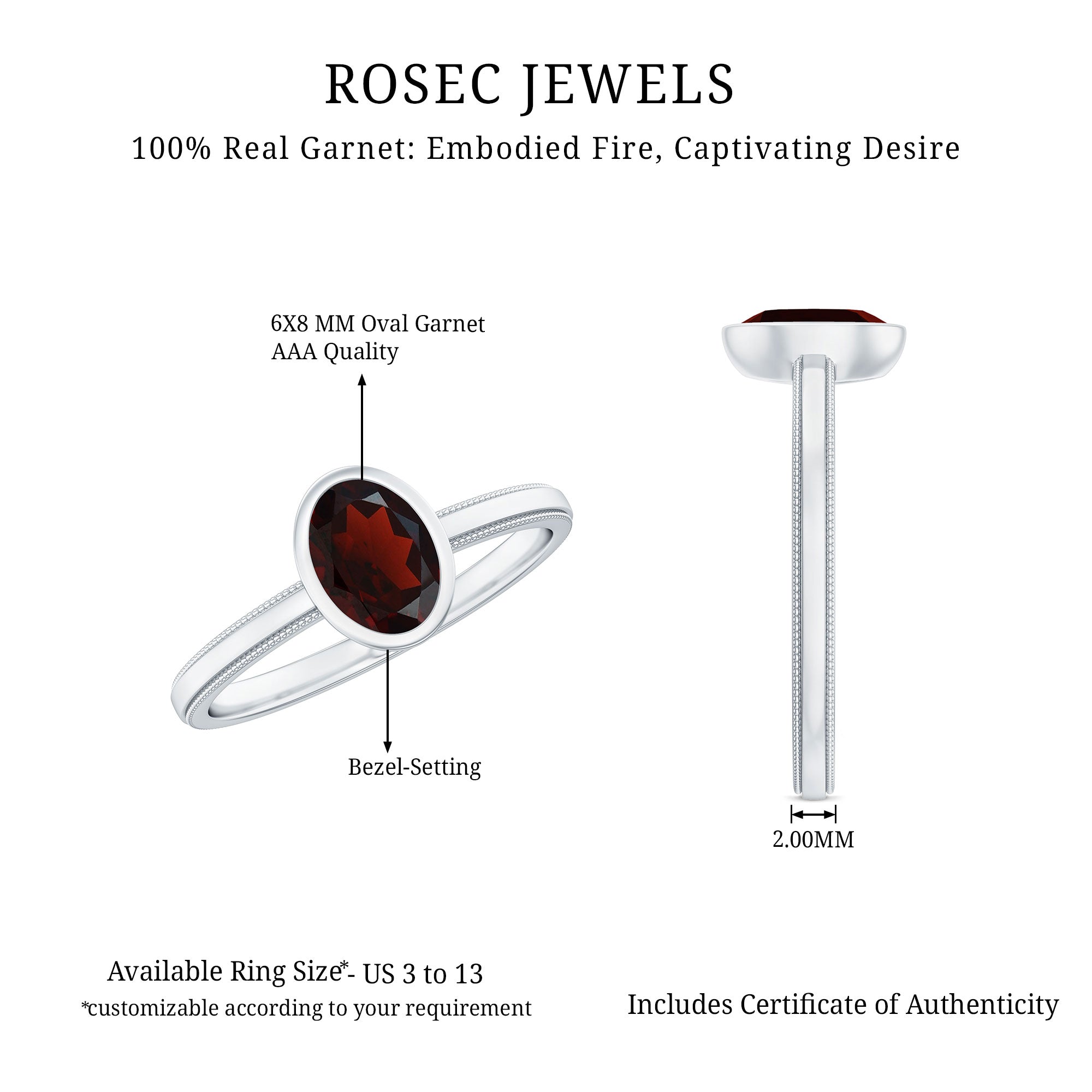 Certified Real Garnet Oval Engagement Ring in Bezel Setting AAA - Rosec Jewels