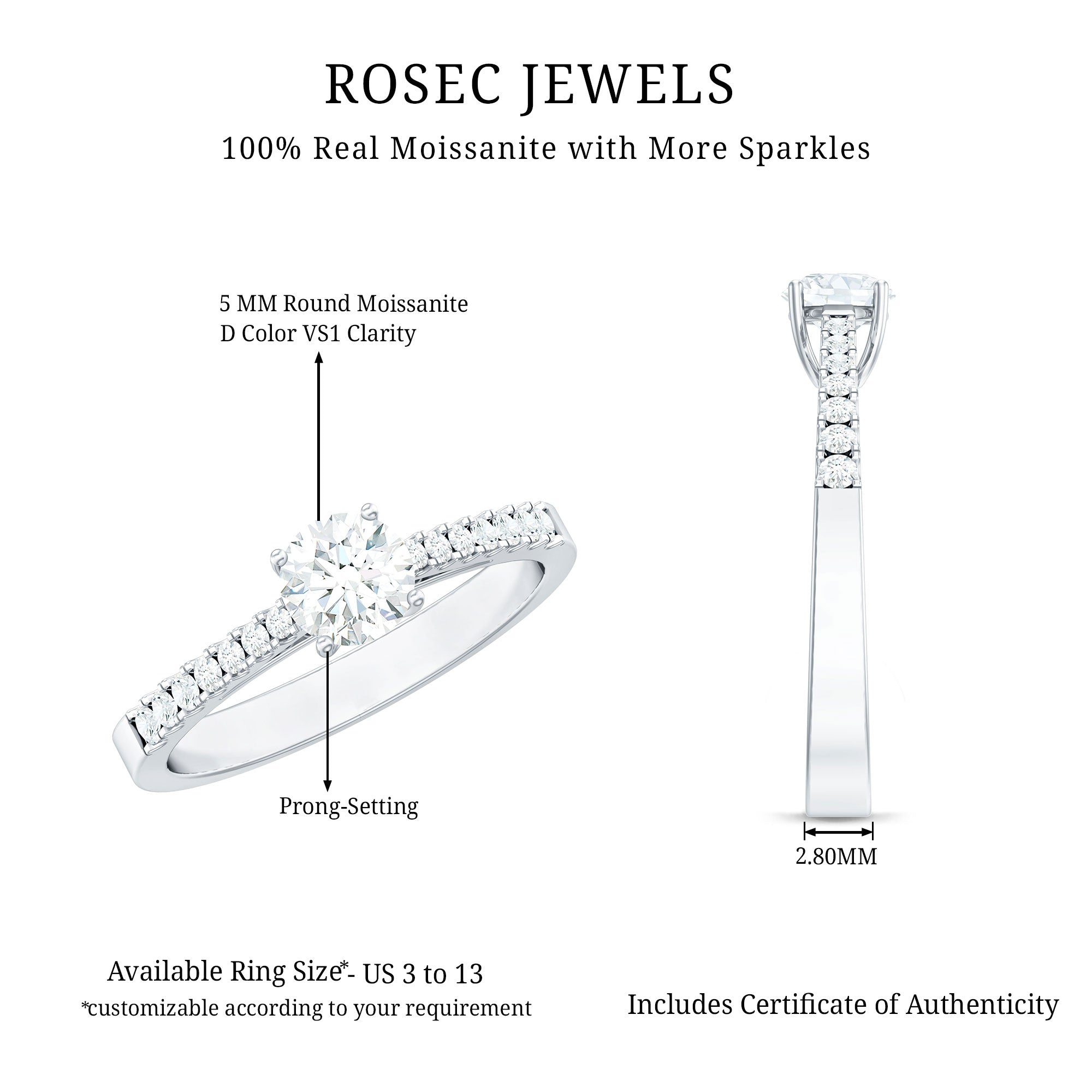 Half Carat Moissanite Engagement Ring D-VS1 - Rosec Jewels