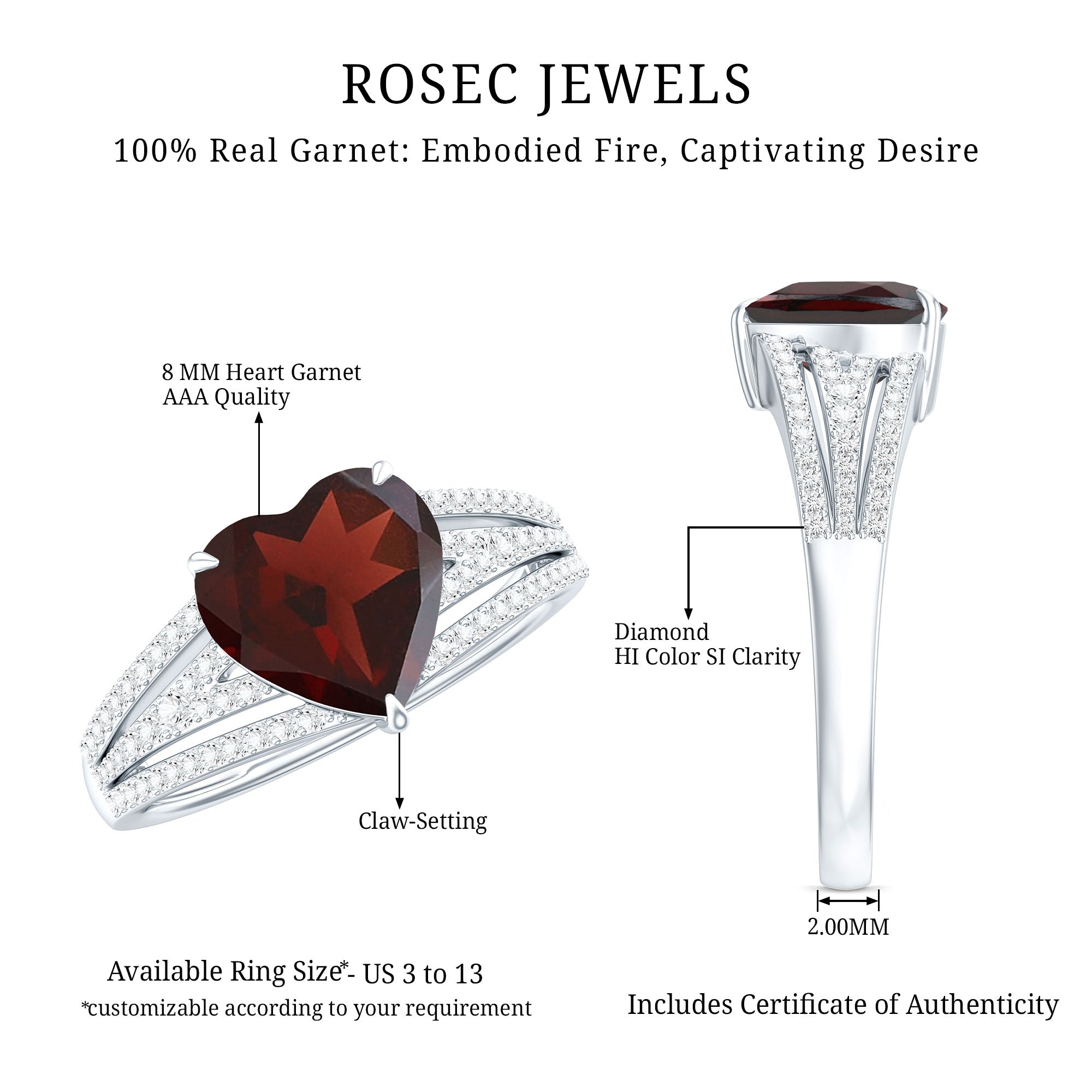 Natural 8mm Garnet Heart Engagement Ring with Diamond Split Shank AAA - Rosec Jewels