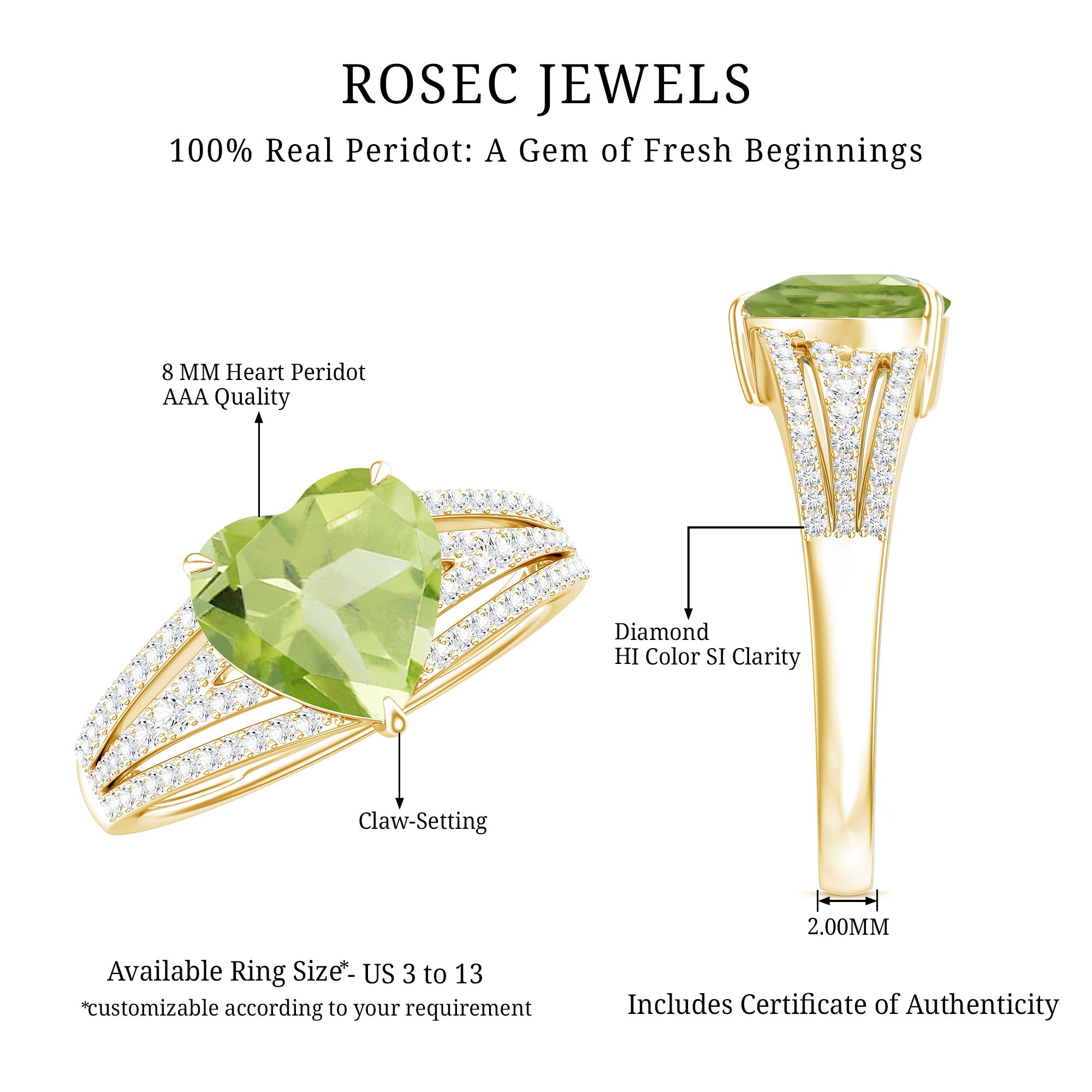 Natural 2 Carat Peridot Heart Engagement Ring with Diamond AAA - Rosec Jewels