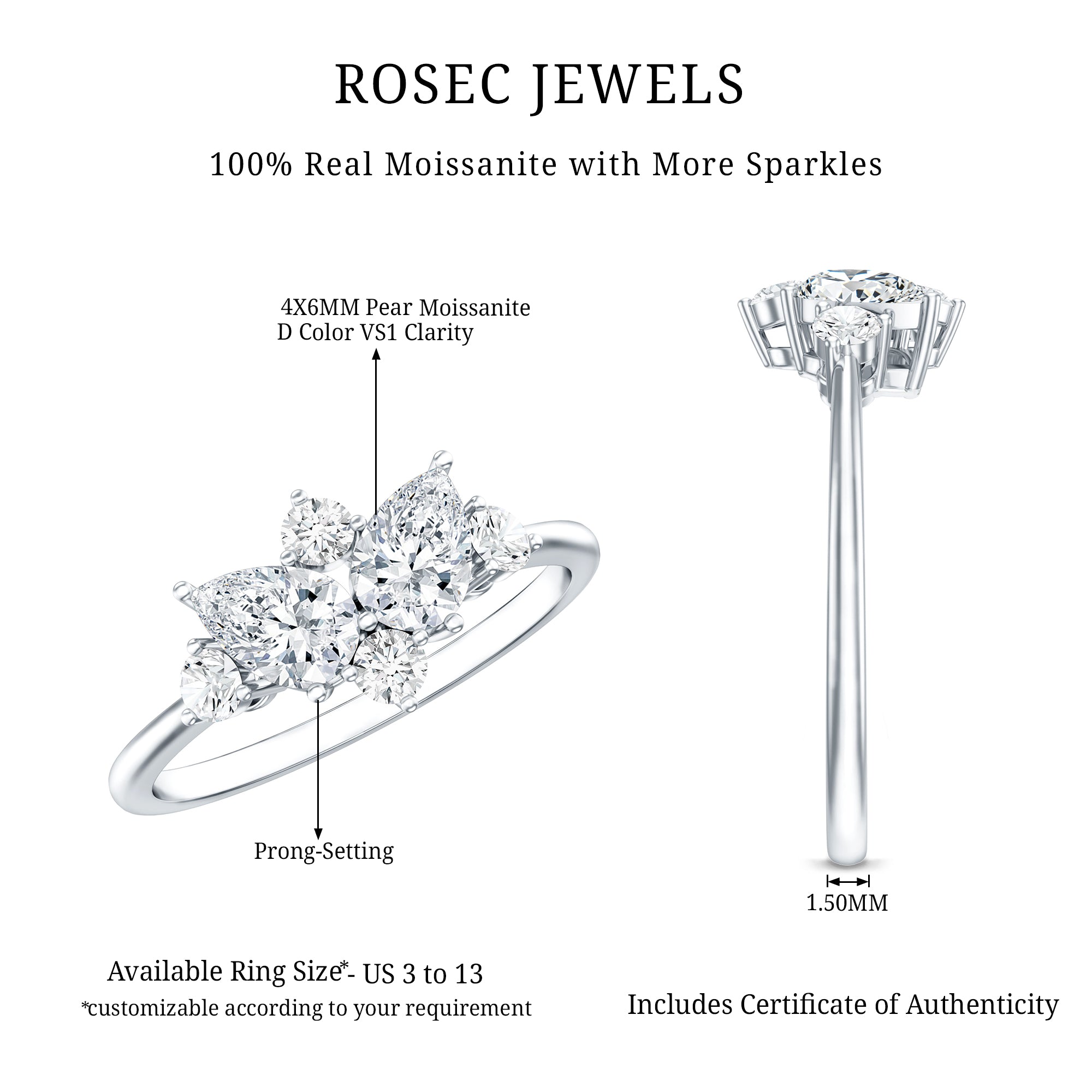 Pear and Round Moissanite Cluster Promise Ring D-VS1 - Rosec Jewels
