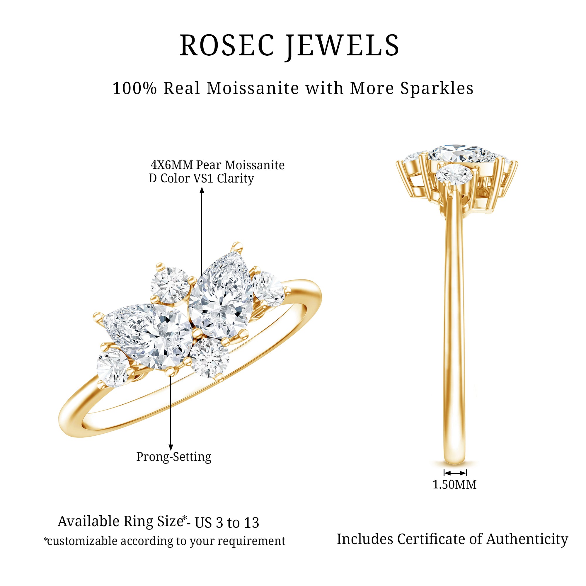 Pear and Round Moissanite Cluster Promise Ring D-VS1 - Rosec Jewels