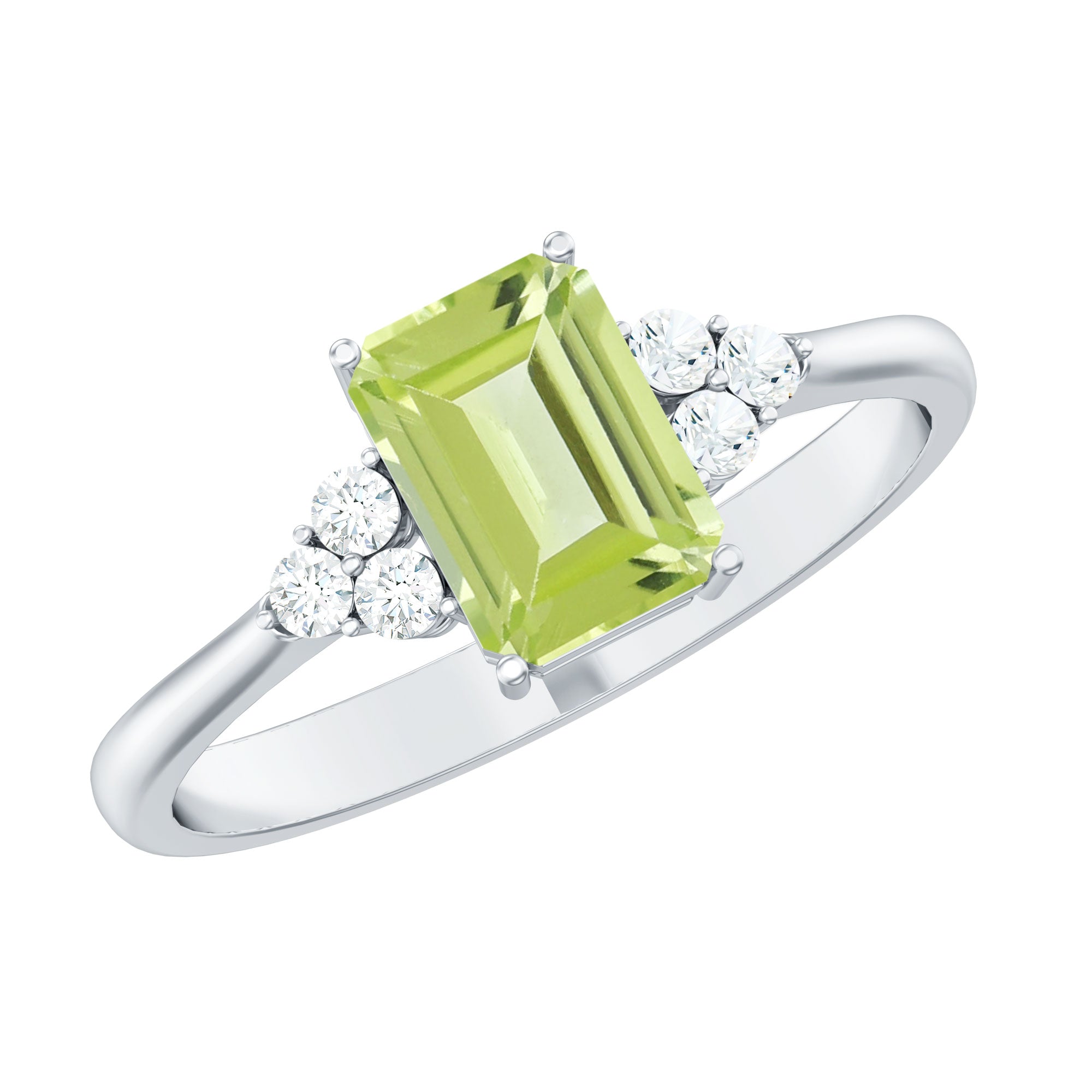 Emerald Cut Peridot Engagement Ring with Diamond Trio