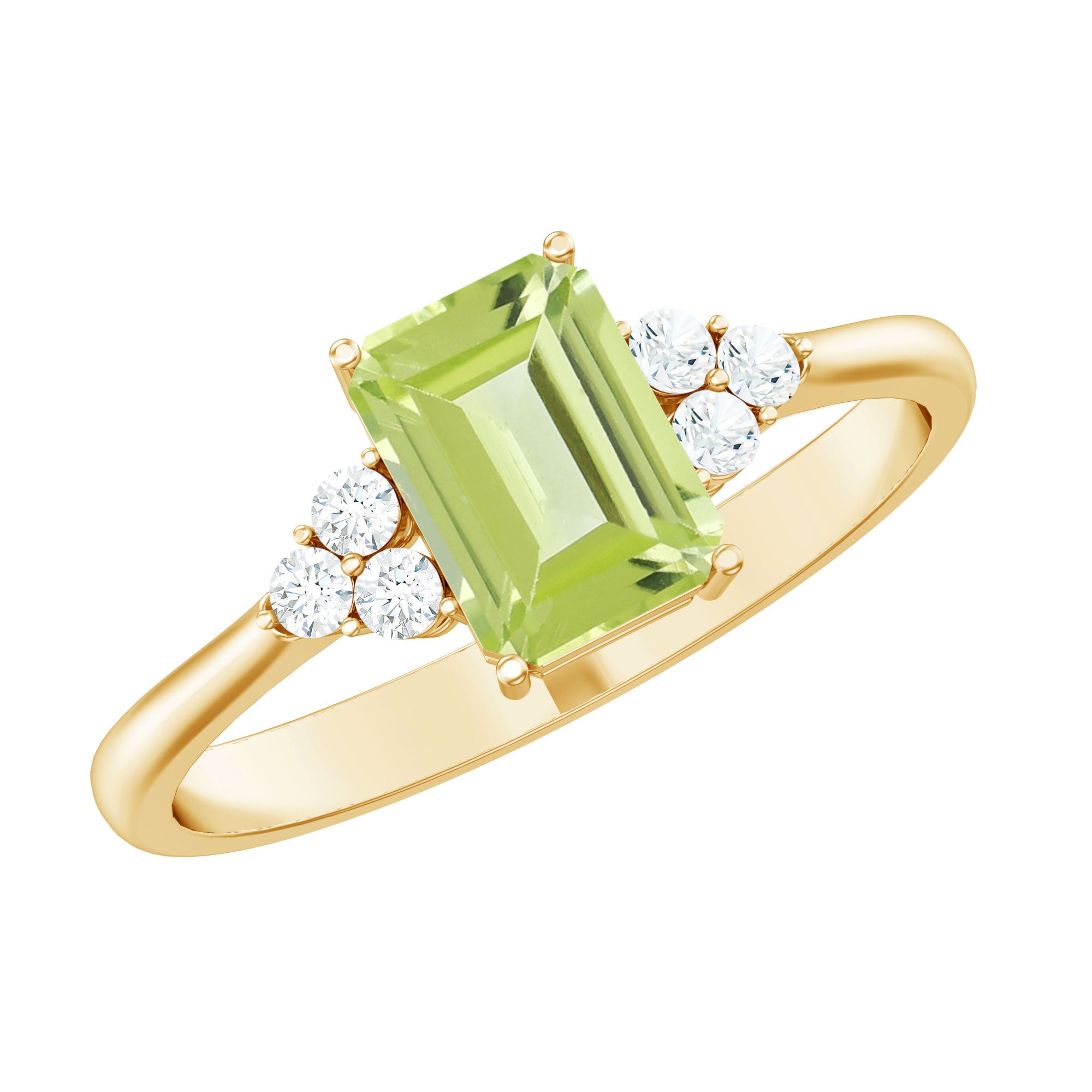 Emerald Cut Peridot Engagement Ring with Diamond Trio AAA - Rosec Jewels