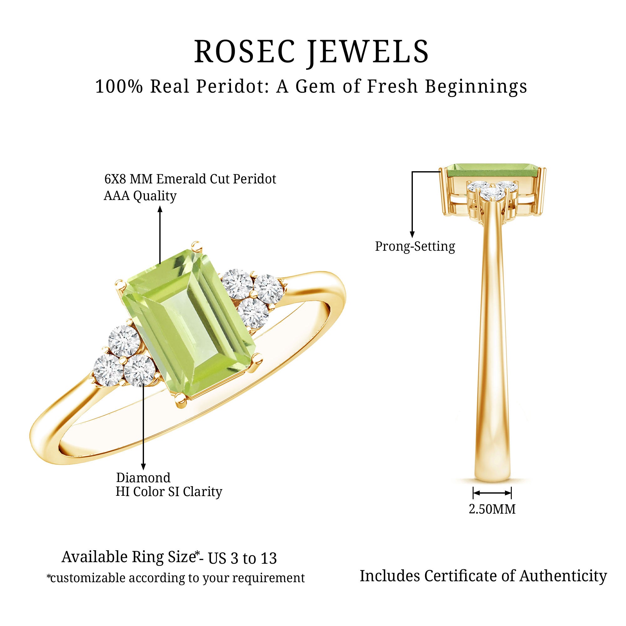 Emerald Cut Peridot Engagement Ring with Diamond Trio AAA - Rosec Jewels