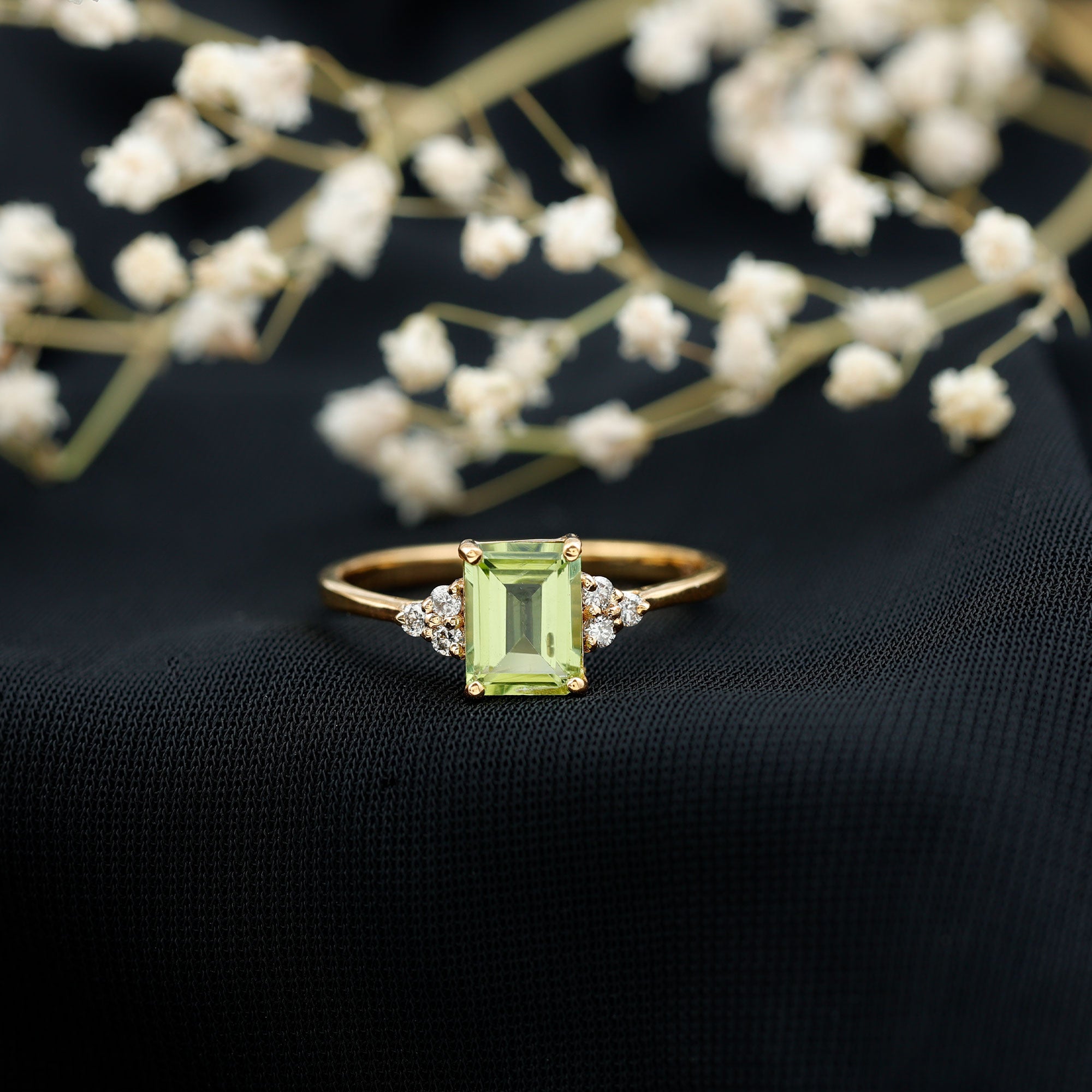 Emerald Cut Peridot Engagement Ring with Diamond Trio AAA - Rosec Jewels