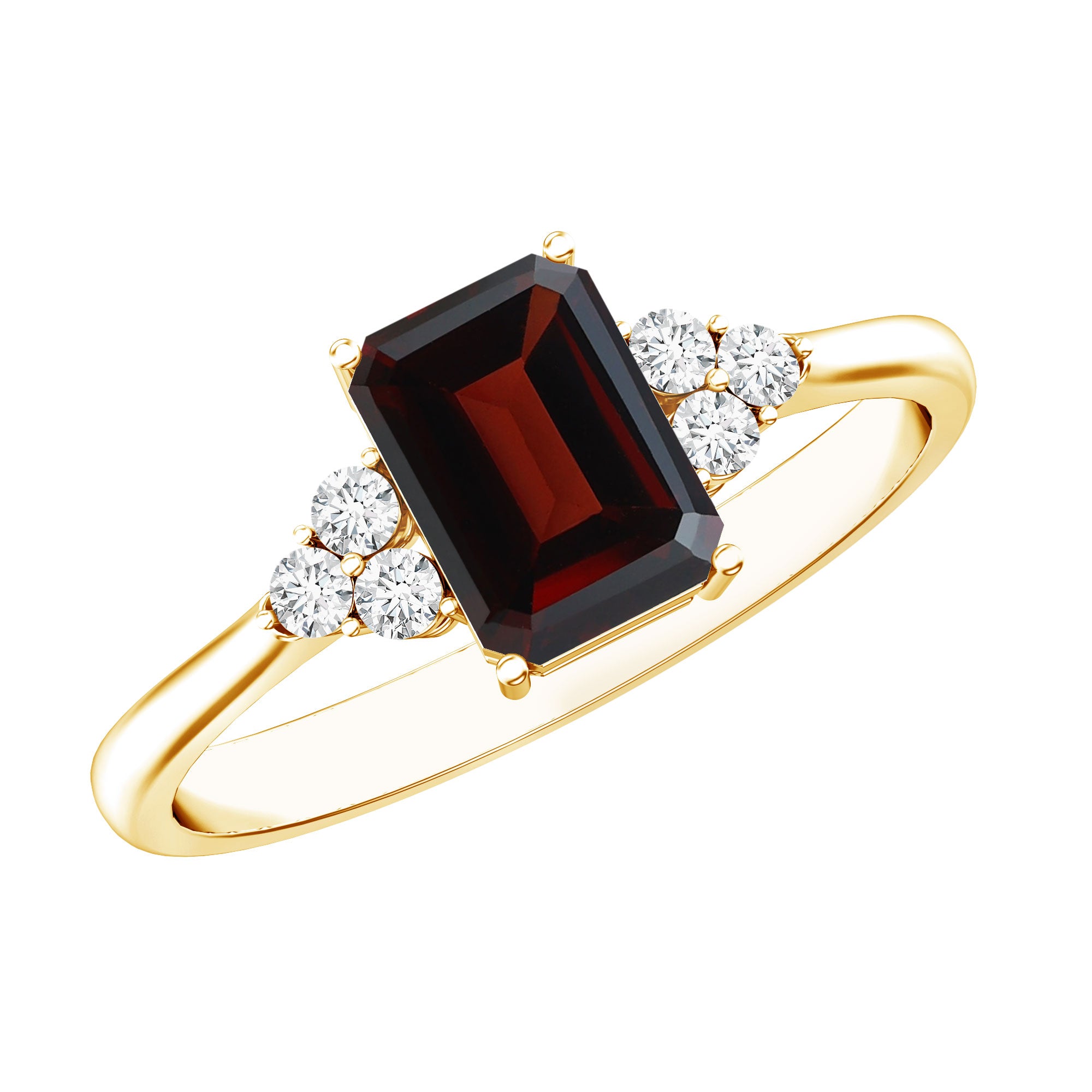Natural Garnet Emerald Cut Engagement Ring with Diamond Trio AAA - Rosec Jewels