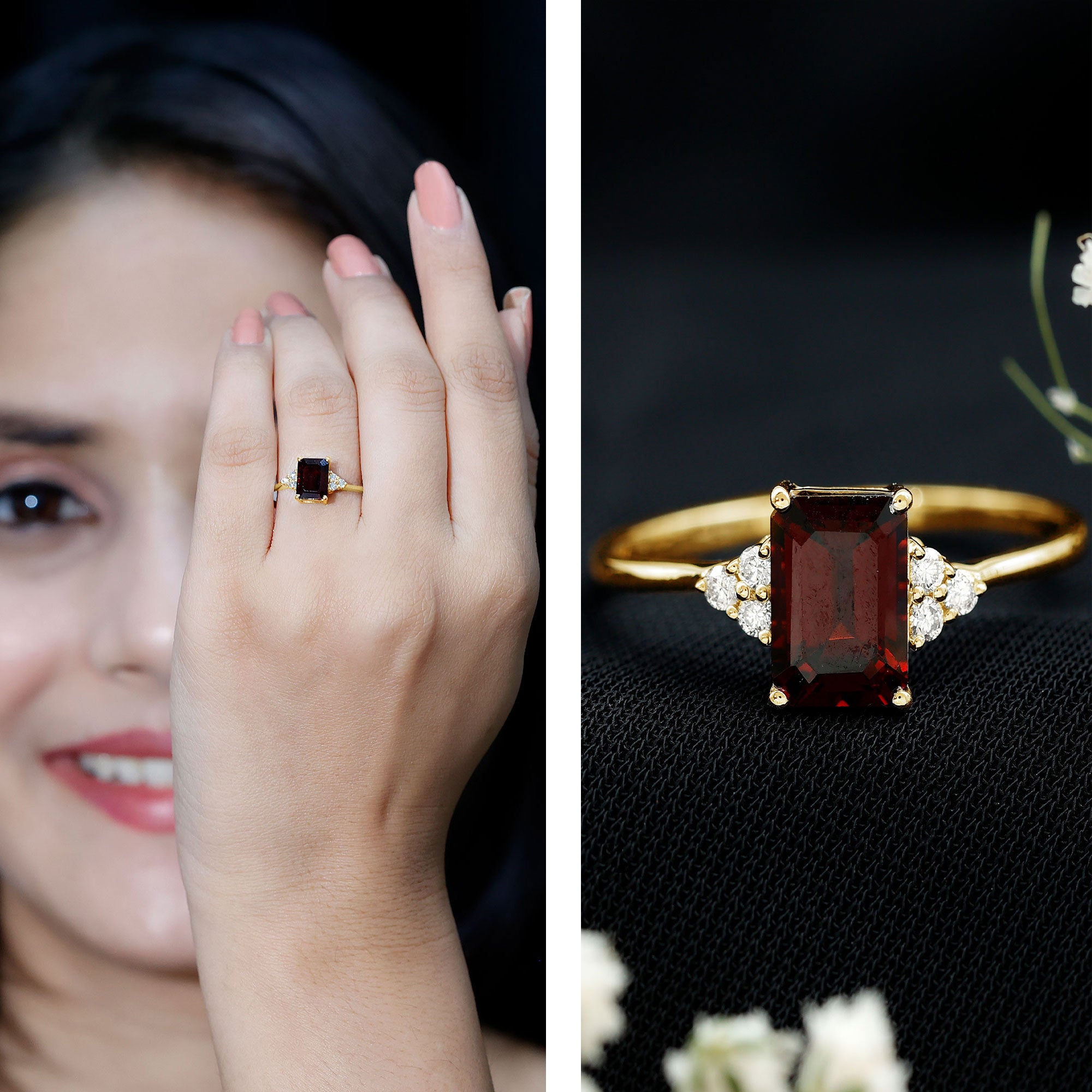 Natural Garnet Emerald Cut Engagement Ring with Diamond Trio AAA - Rosec Jewels