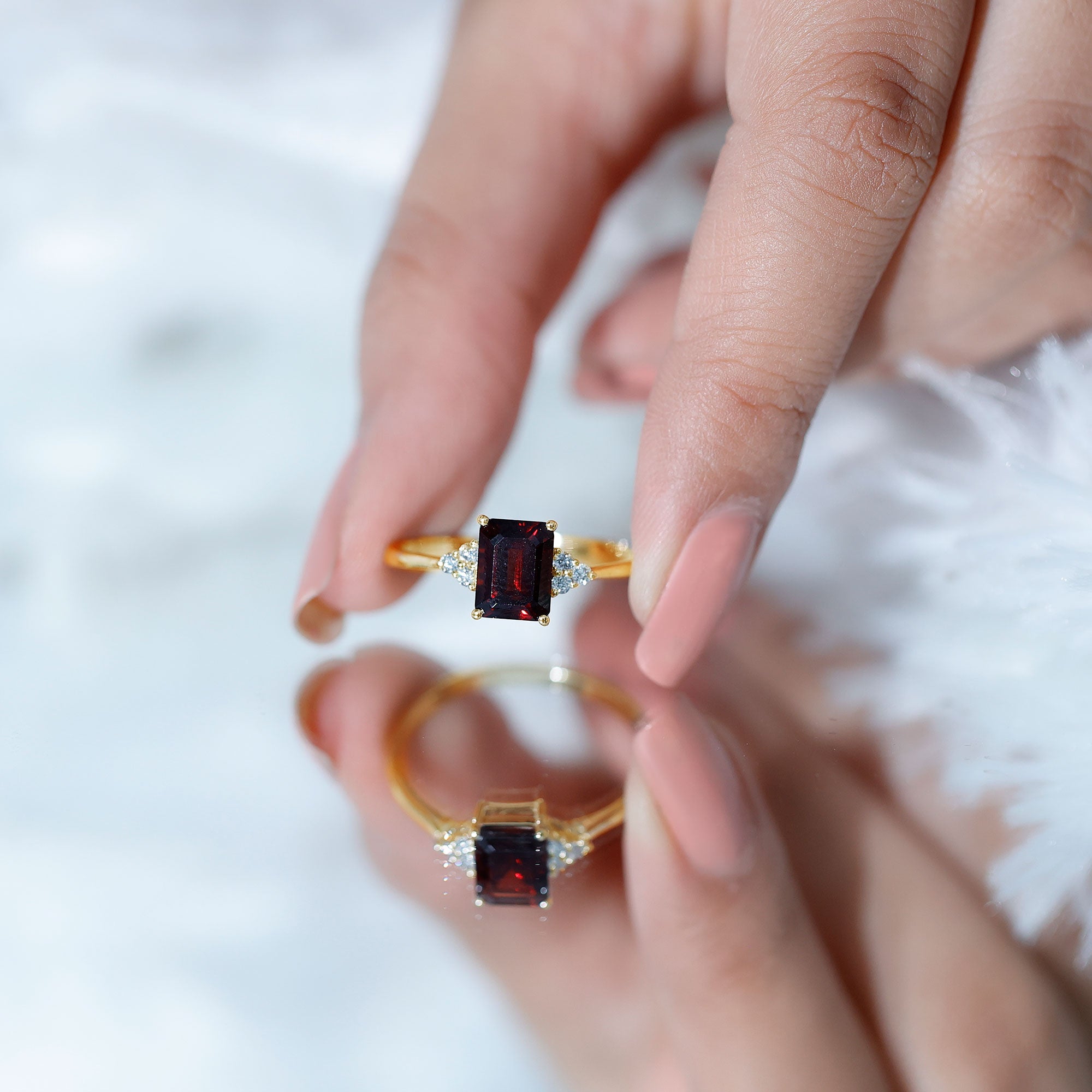 Natural Garnet Emerald Cut Engagement Ring with Diamond Trio AAA - Rosec Jewels