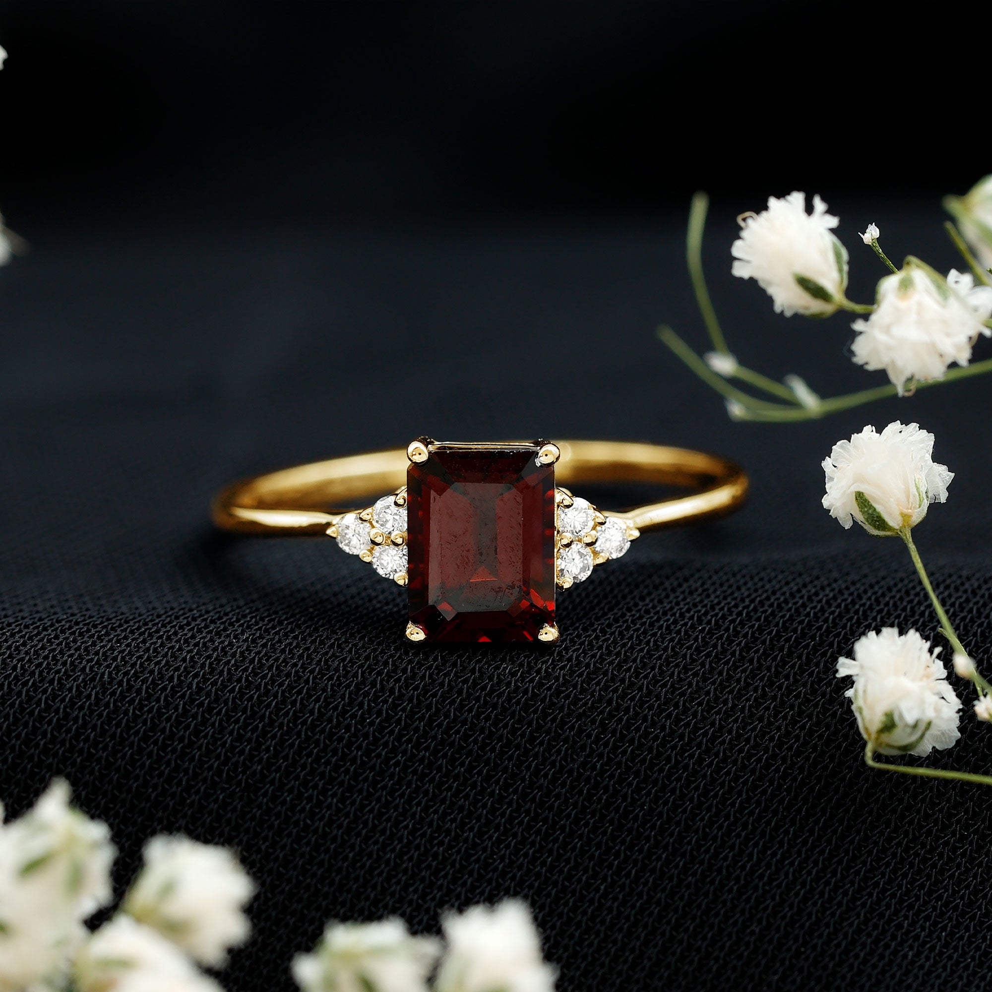 Natural Garnet Emerald Cut Engagement Ring with Diamond Trio AAA - Rosec Jewels