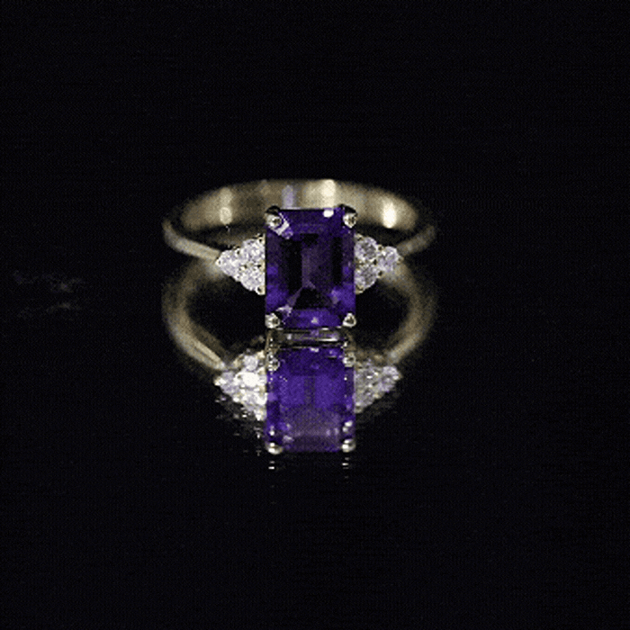 Real 1.4 Carat Amethyst Emerald Cut Engagement Ring with Diamond Trio AAA - Rosec Jewels