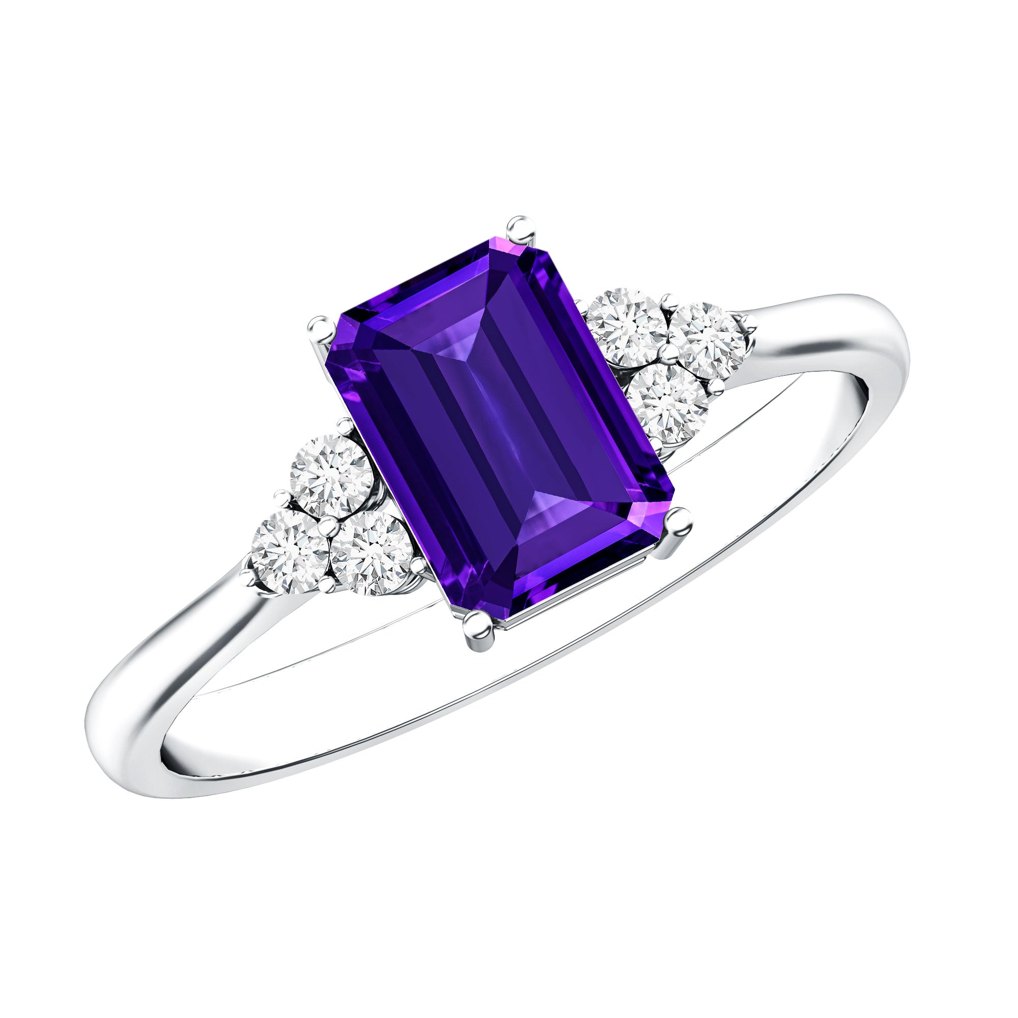 Real 1.4 Carat Amethyst Emerald Cut Engagement Ring with Diamond Trio AAA - Rosec Jewels