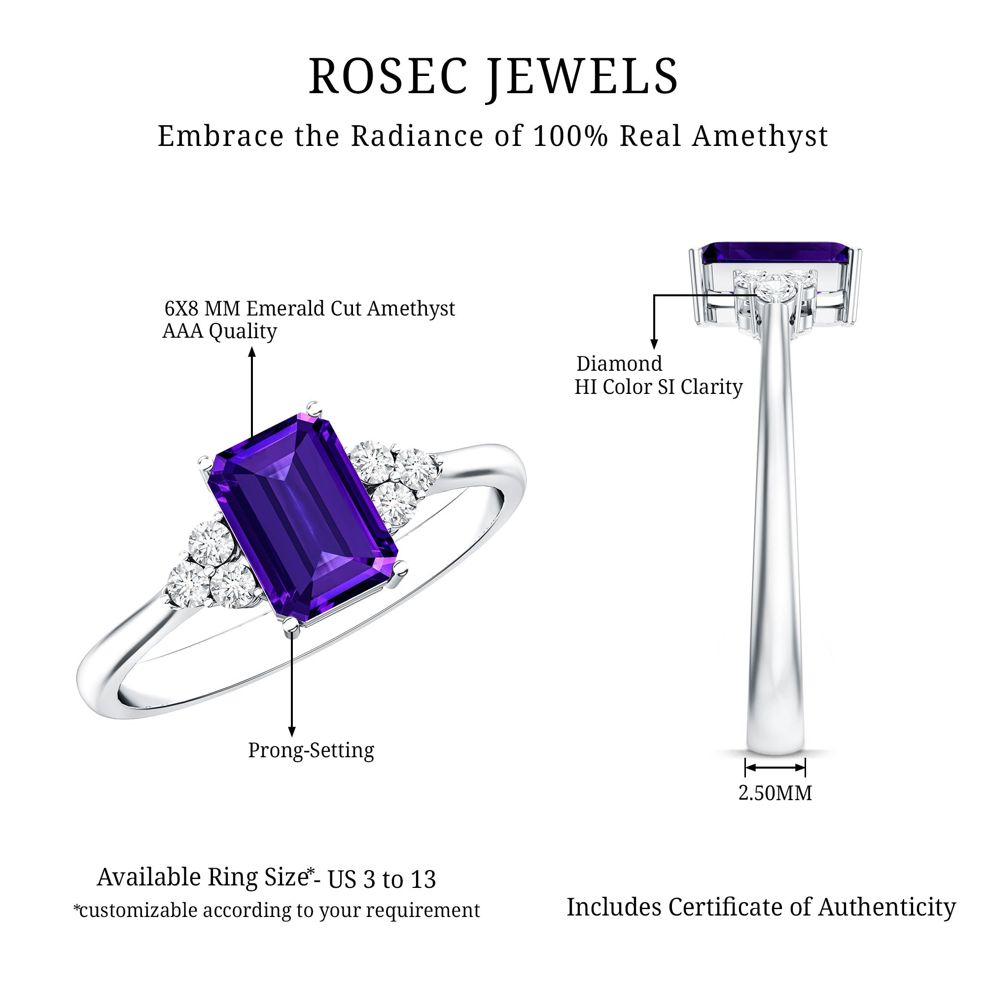 Real 1.4 Carat Amethyst Emerald Cut Engagement Ring with Diamond Trio AAA - Rosec Jewels