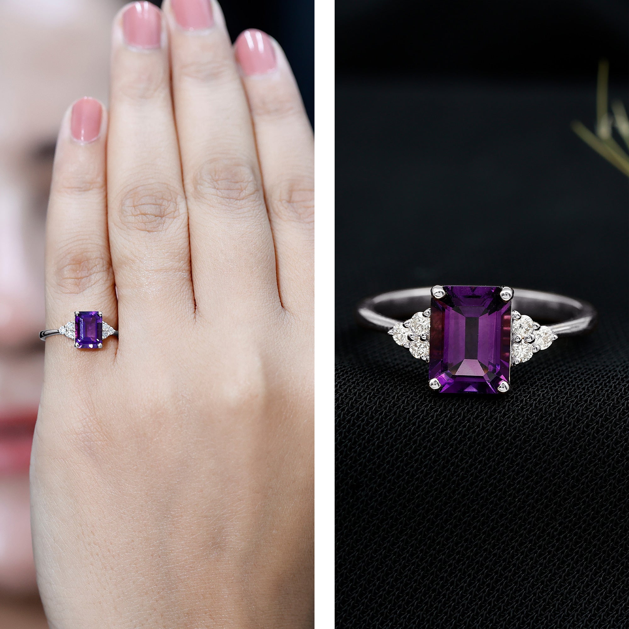 Real 1.4 Carat Amethyst Emerald Cut Engagement Ring with Diamond Trio AAA - Rosec Jewels