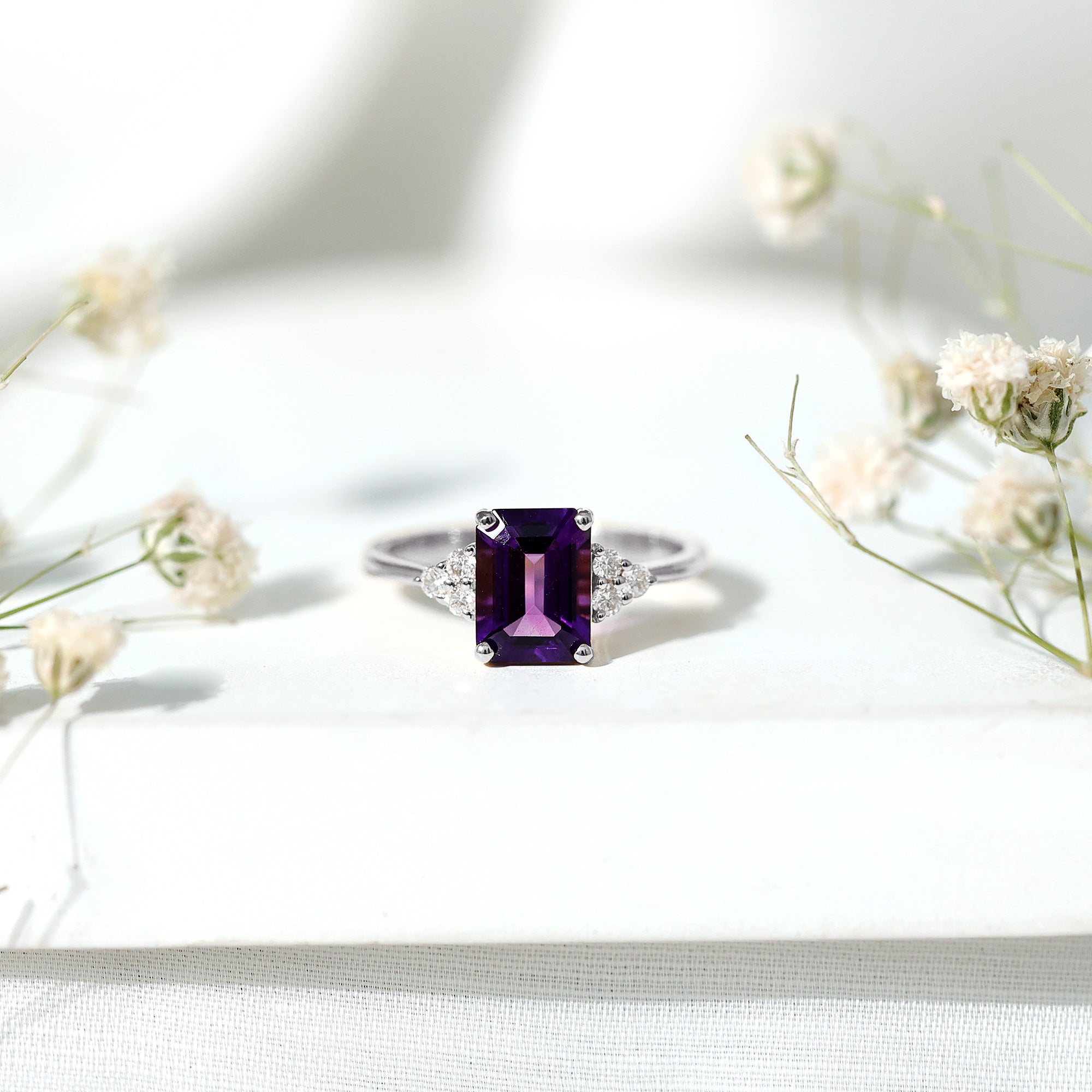 Real 1.4 Carat Amethyst Emerald Cut Engagement Ring with Diamond Trio AAA - Rosec Jewels