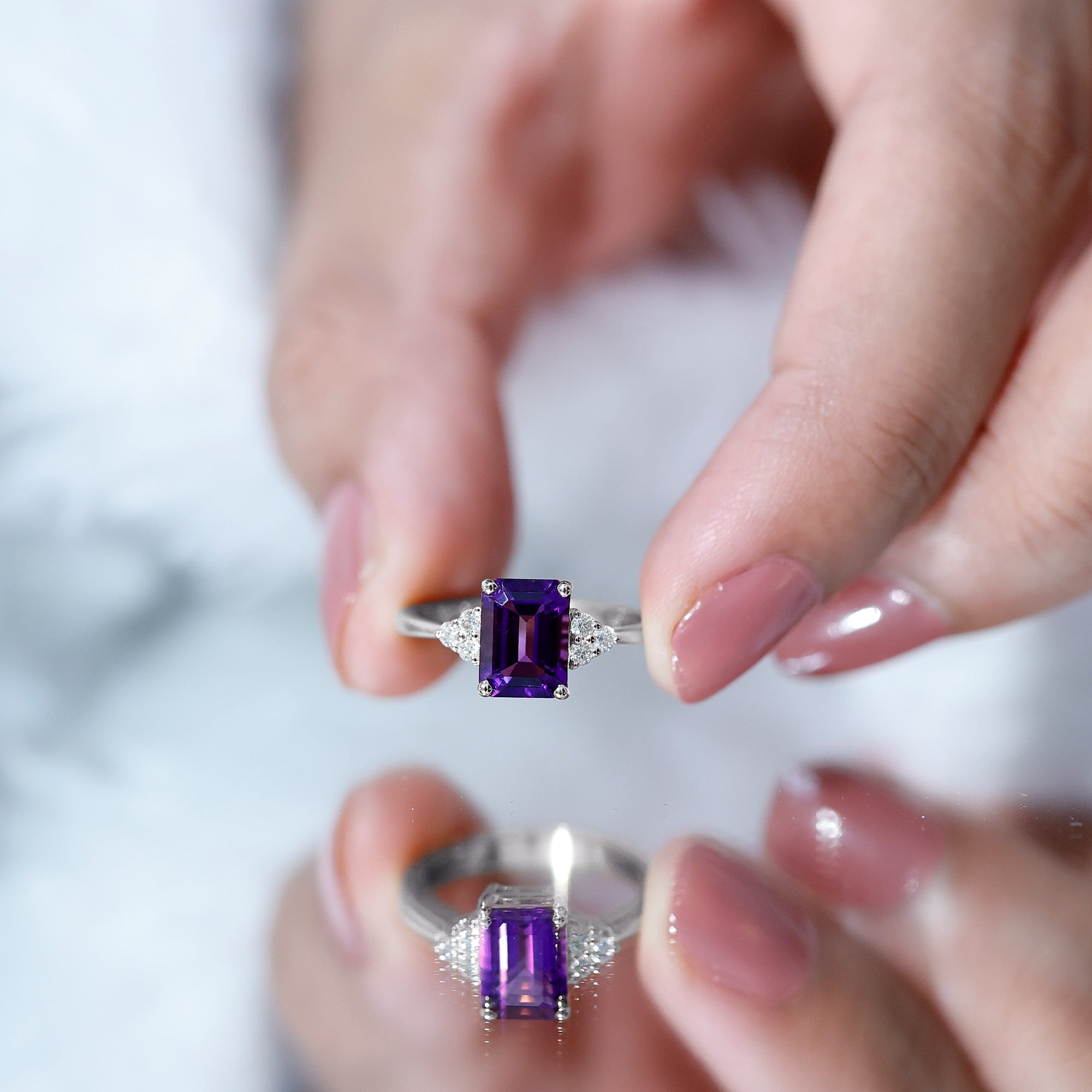 Real 1.4 Carat Amethyst Emerald Cut Engagement Ring with Diamond Trio AAA - Rosec Jewels