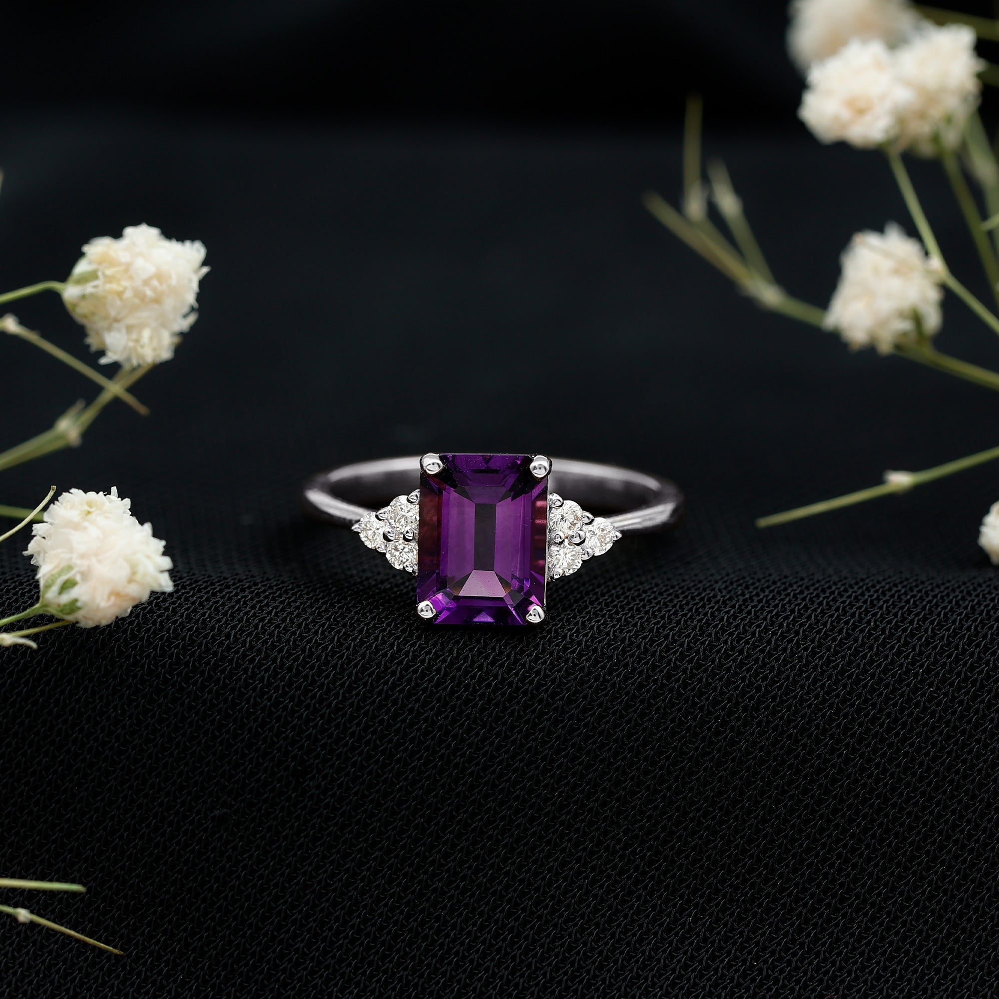 Real 1.4 Carat Amethyst Emerald Cut Engagement Ring with Diamond Trio AAA - Rosec Jewels