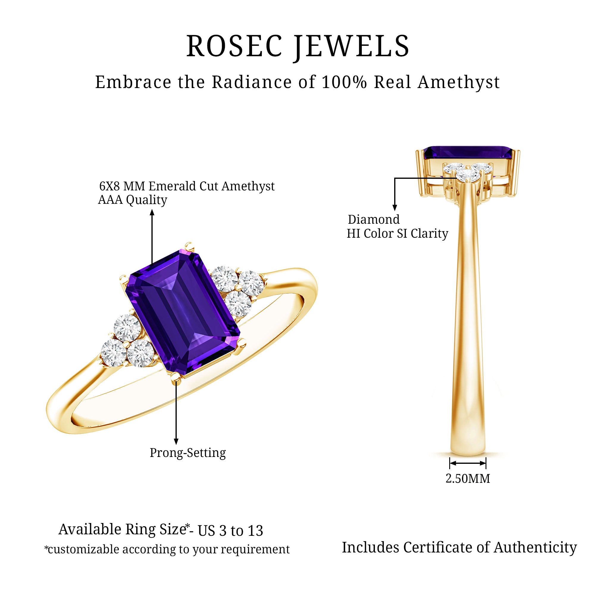 Real 1.4 Carat Amethyst Emerald Cut Engagement Ring with Diamond Trio AAA - Rosec Jewels