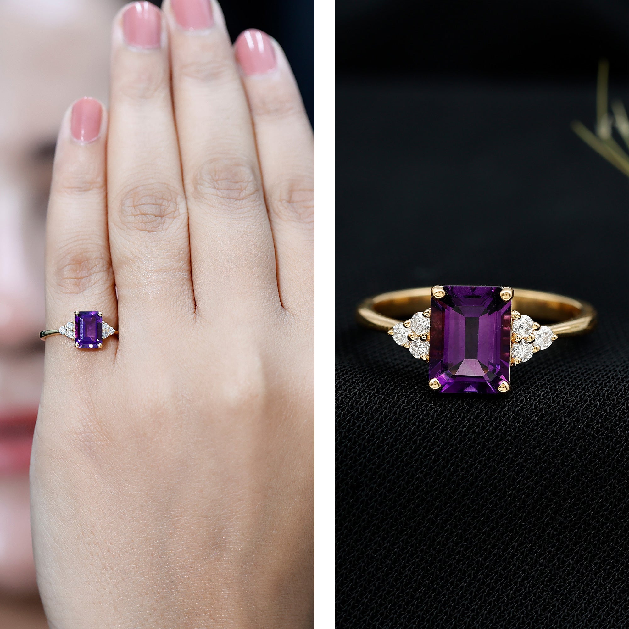 Real 1.4 Carat Amethyst Emerald Cut Engagement Ring with Diamond Trio AAA - Rosec Jewels