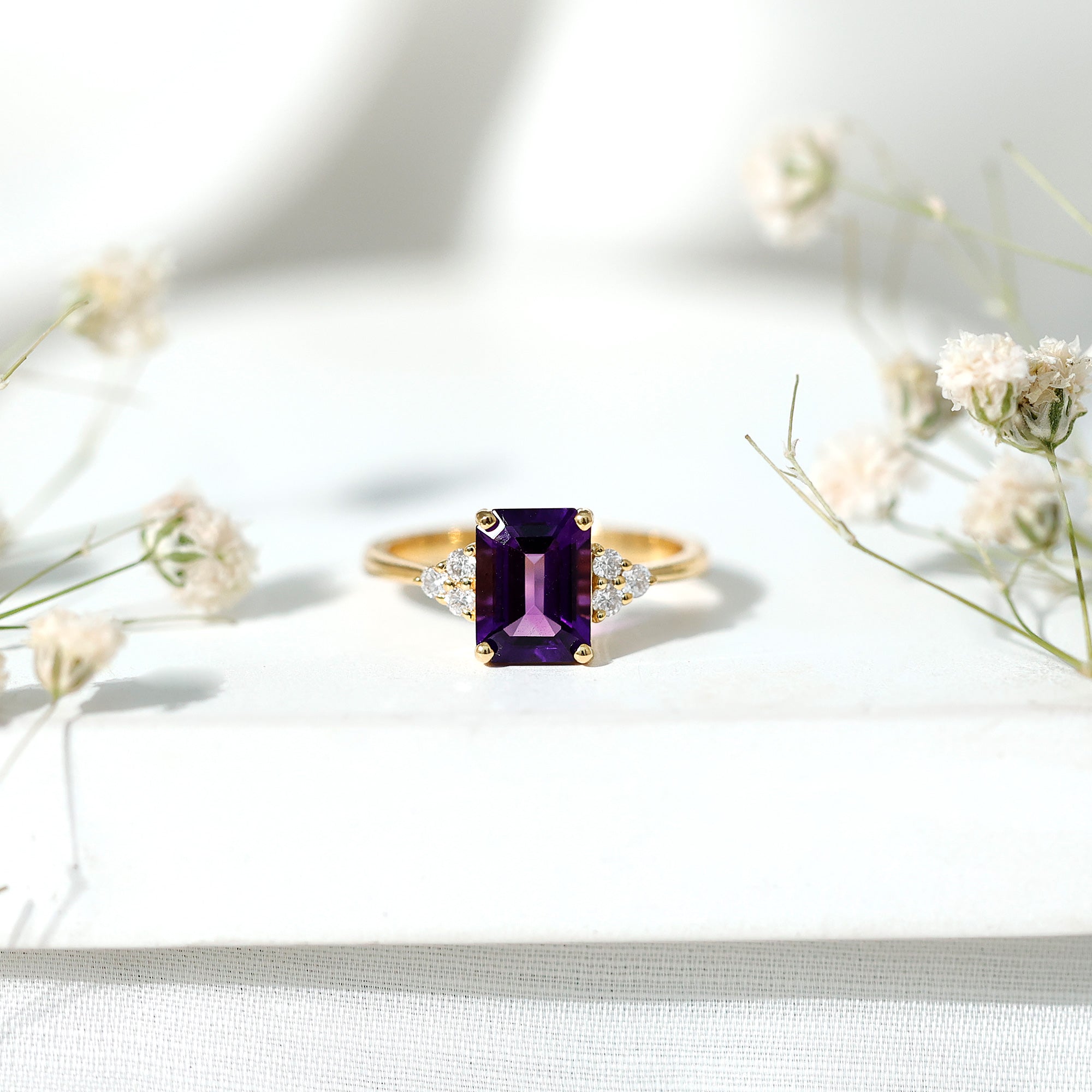 Real 1.4 Carat Amethyst Emerald Cut Engagement Ring with Diamond Trio AAA - Rosec Jewels