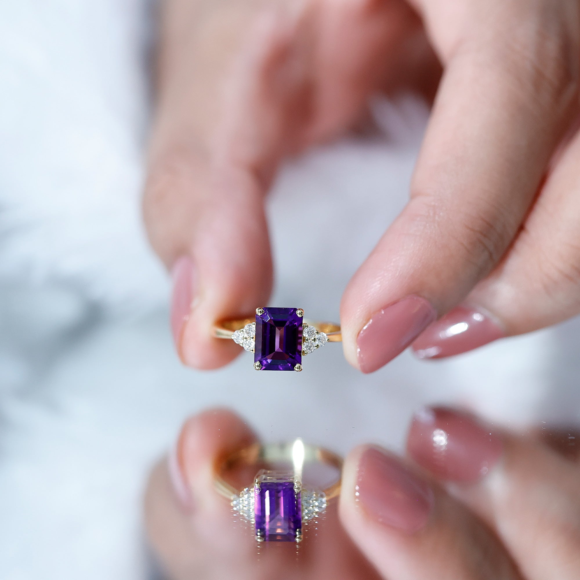 Real 1.4 Carat Amethyst Emerald Cut Engagement Ring with Diamond Trio AAA - Rosec Jewels