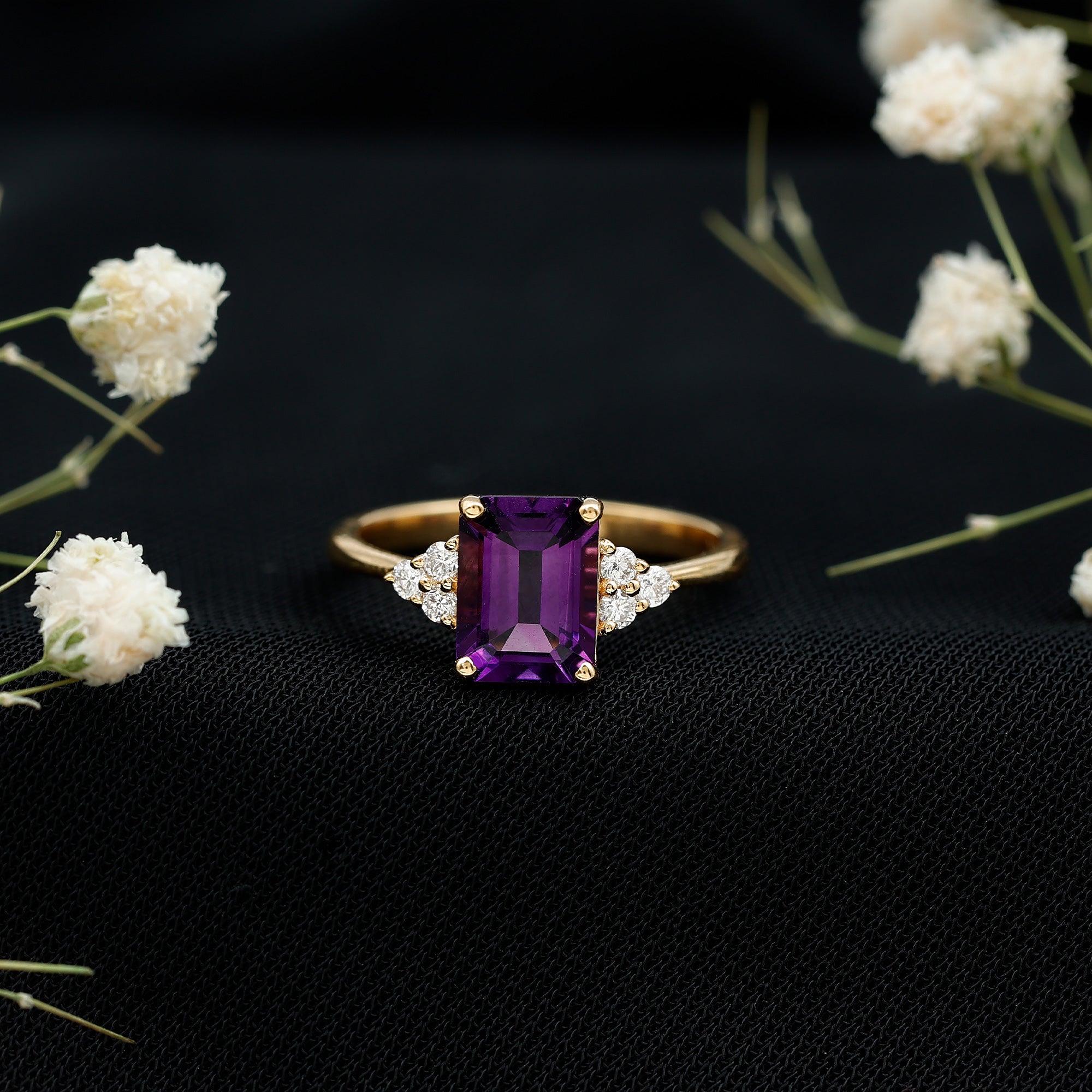 Real 1.4 Carat Amethyst Emerald Cut Engagement Ring with Diamond Trio AAA - Rosec Jewels
