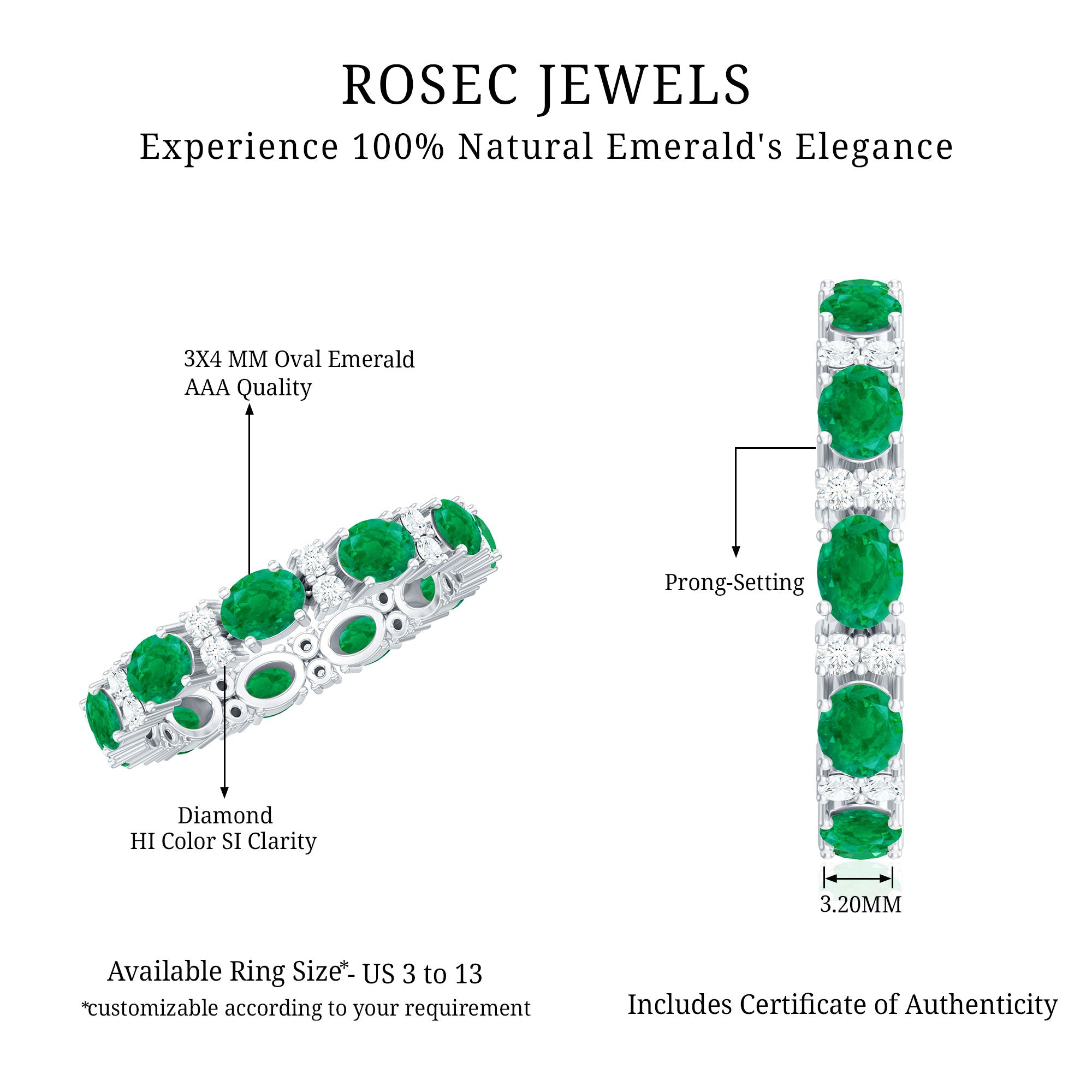 Oval Cut Real Emerald Eternity Band Ring with Diamond AAA - Rosec Jewels