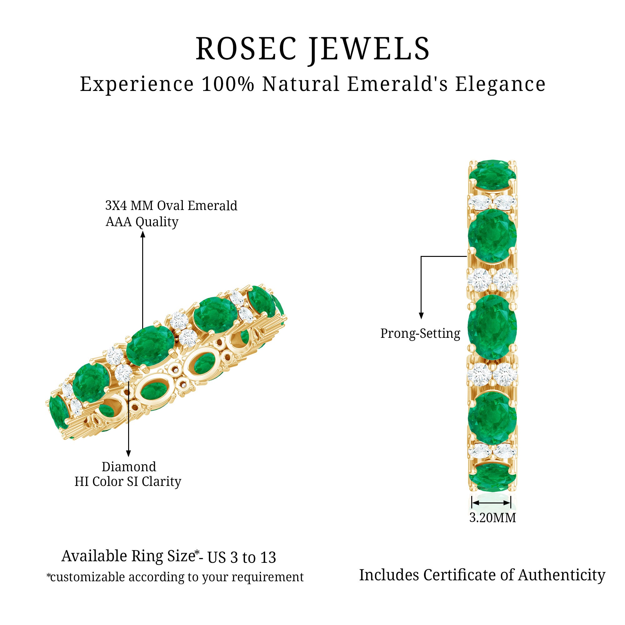 Oval Cut Real Emerald Eternity Band Ring with Diamond AAA - Rosec Jewels