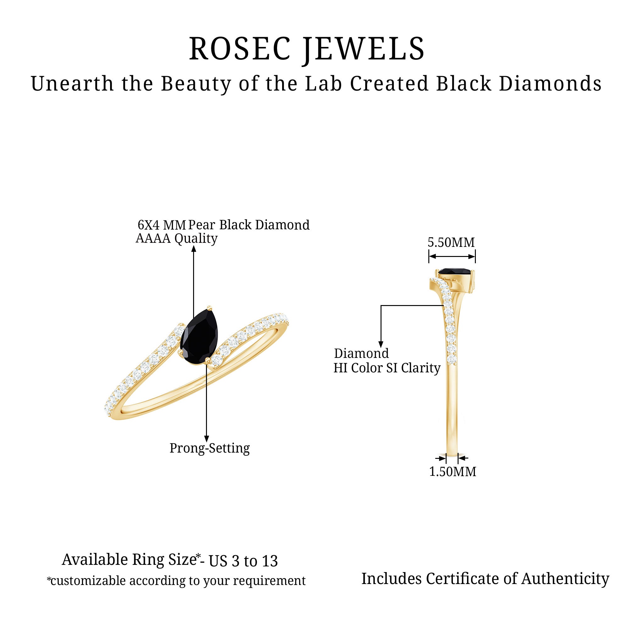 Certified 0.8 Carat Lab Grown Black and White Diamond Promise Ring with Bypass Shank AAAA ( Synthetic ) - Rosec Jewels