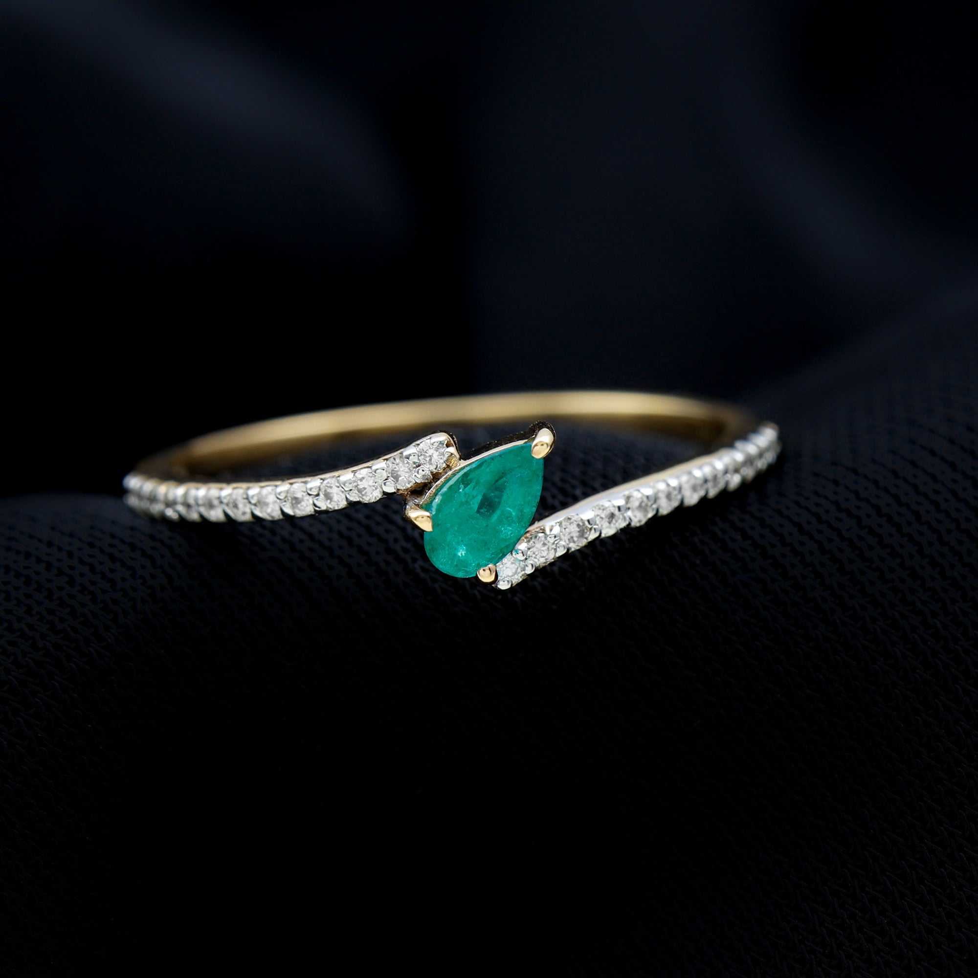 Pear Shaped Emerald and Diamond Promise Ring in Bypass Shank AAA - Rosec Jewels