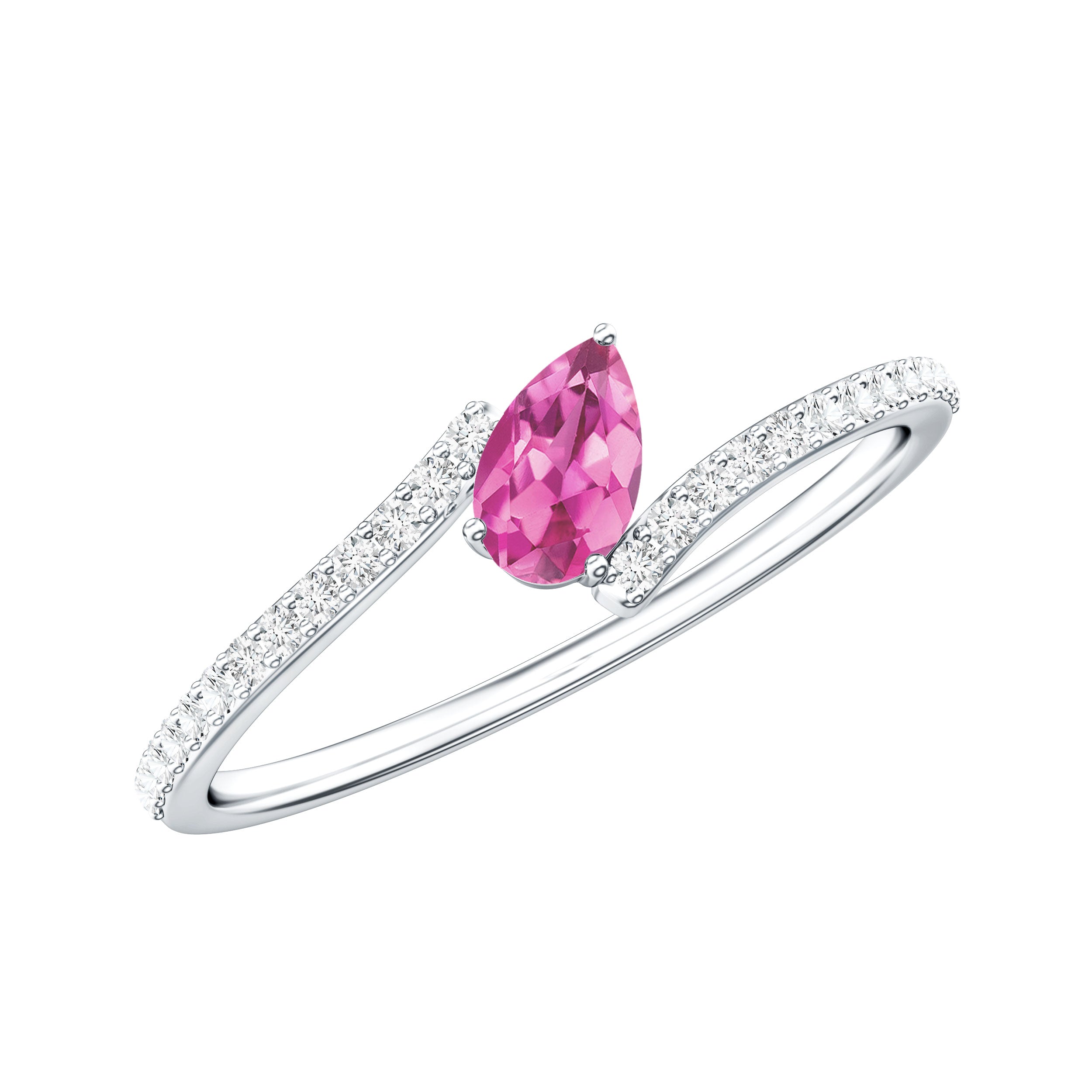 Tilted Pear Shape Pink Tourmaline and Diamond Bypass Promise Ring AAA - Rosec Jewels