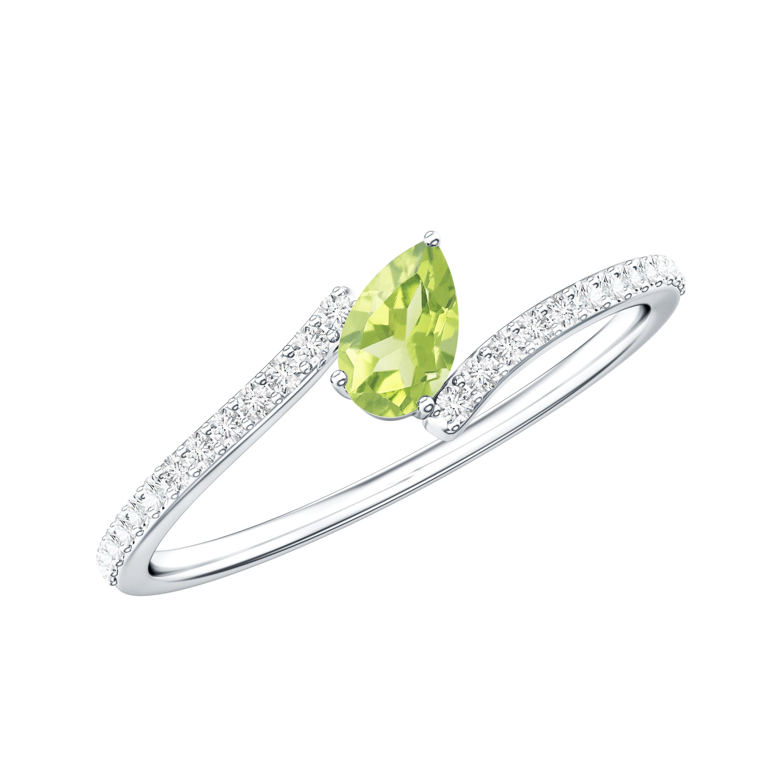 Natural Pear Shape Peridot Promise Ring with Bypass Diamond AAA - Rosec Jewels