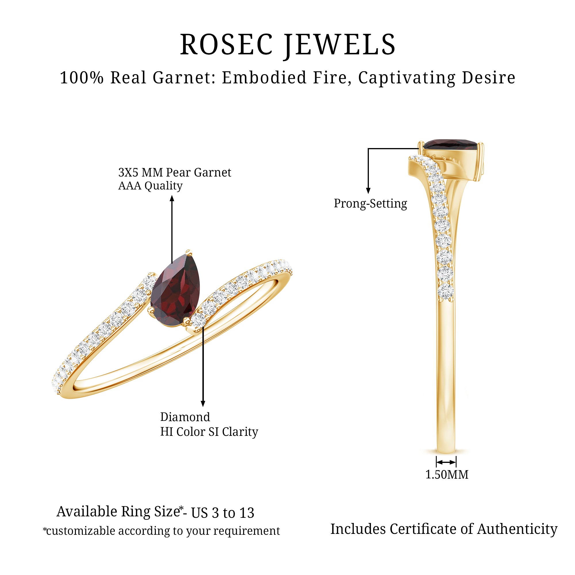 Real Pear Shape Garnet Promise Ring with Diamond Bypass Shank AAA - Rosec Jewels