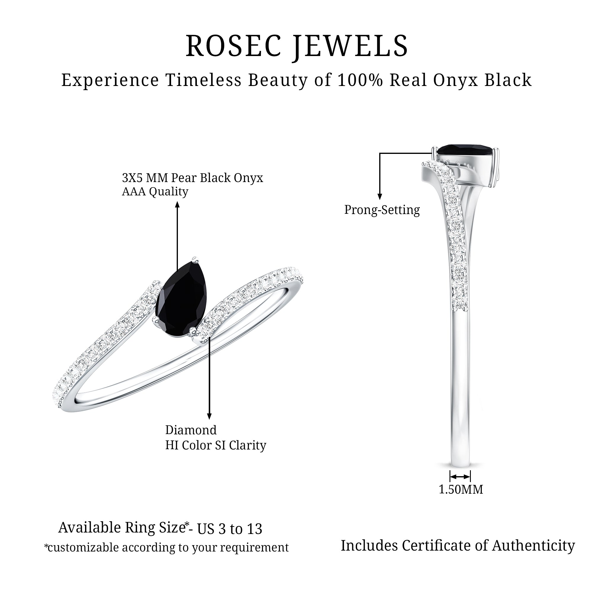 Minimalist Pear Cut Black Onyx Solitaire Promise Ring with Diamond Bypass Shank AAA - Rosec Jewels
