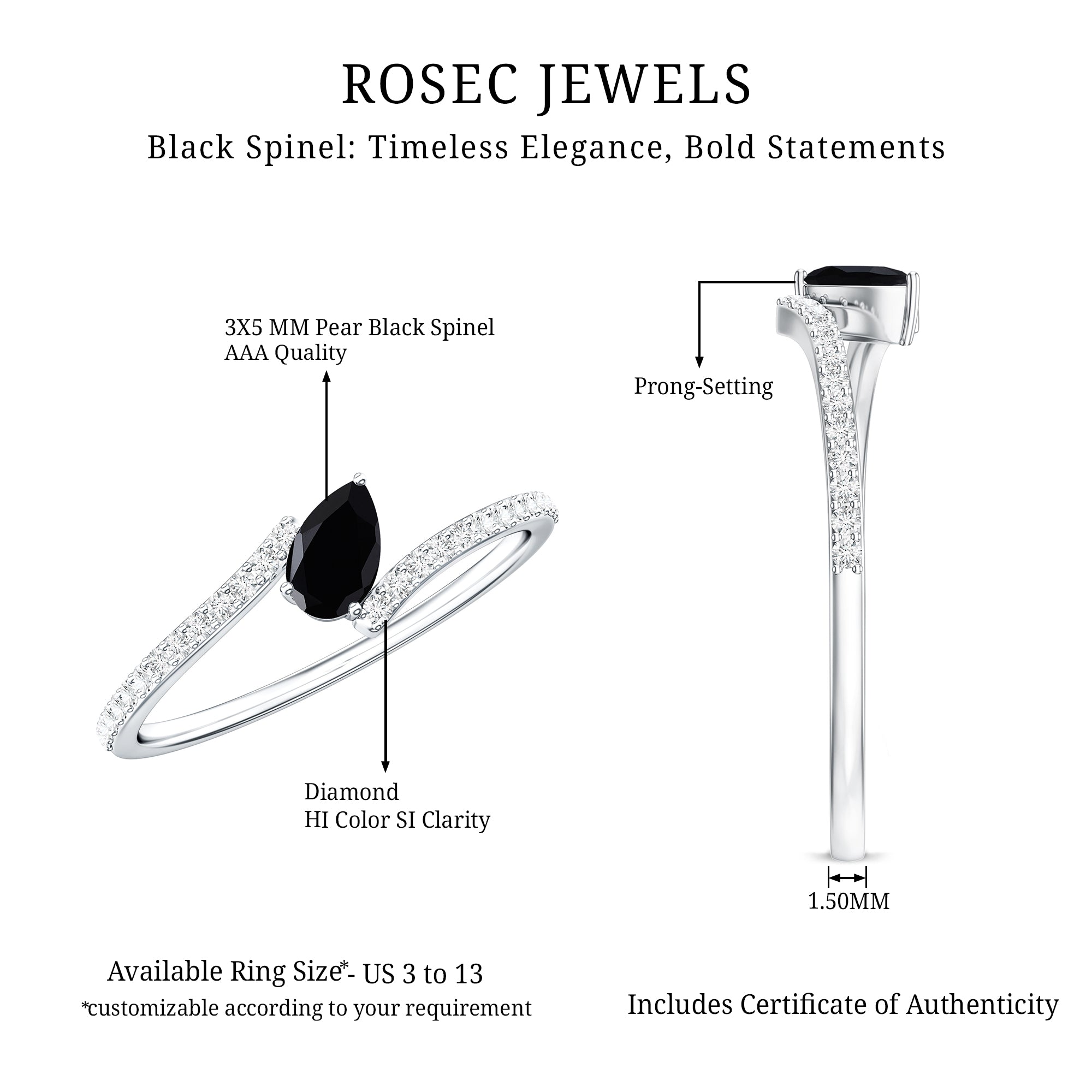 Real Black Spinel Promise Ring with Diamond Bypass Shank AAA - Rosec Jewels
