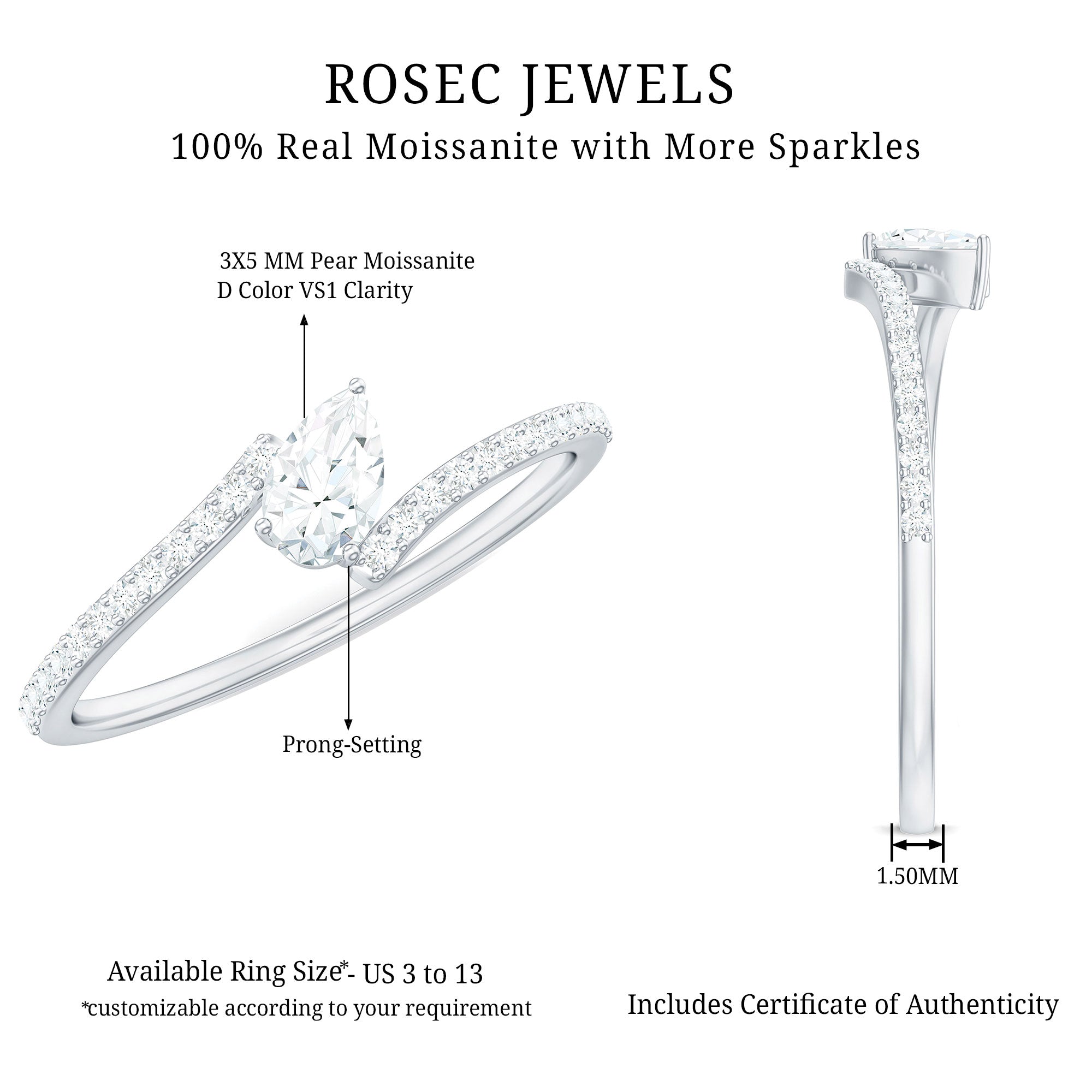 Pear Shaped Moissanite Bypass Promise Ring for Her D-VS1 - Rosec Jewels
