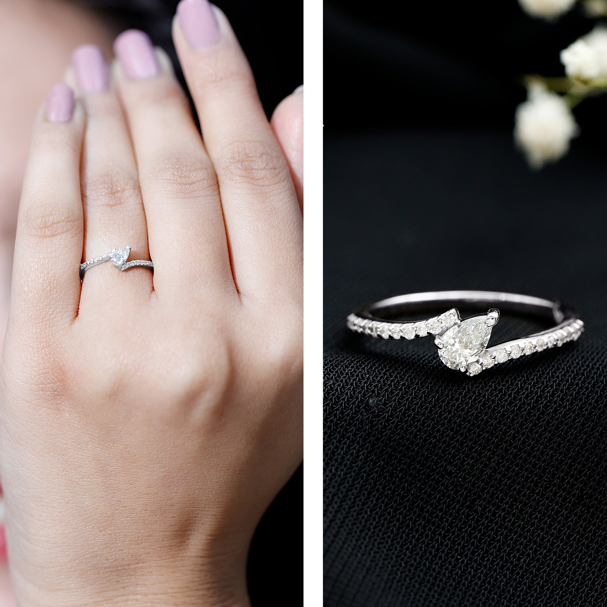 Pear Shaped Moissanite Bypass Promise Ring for Her D-VS1 - Rosec Jewels