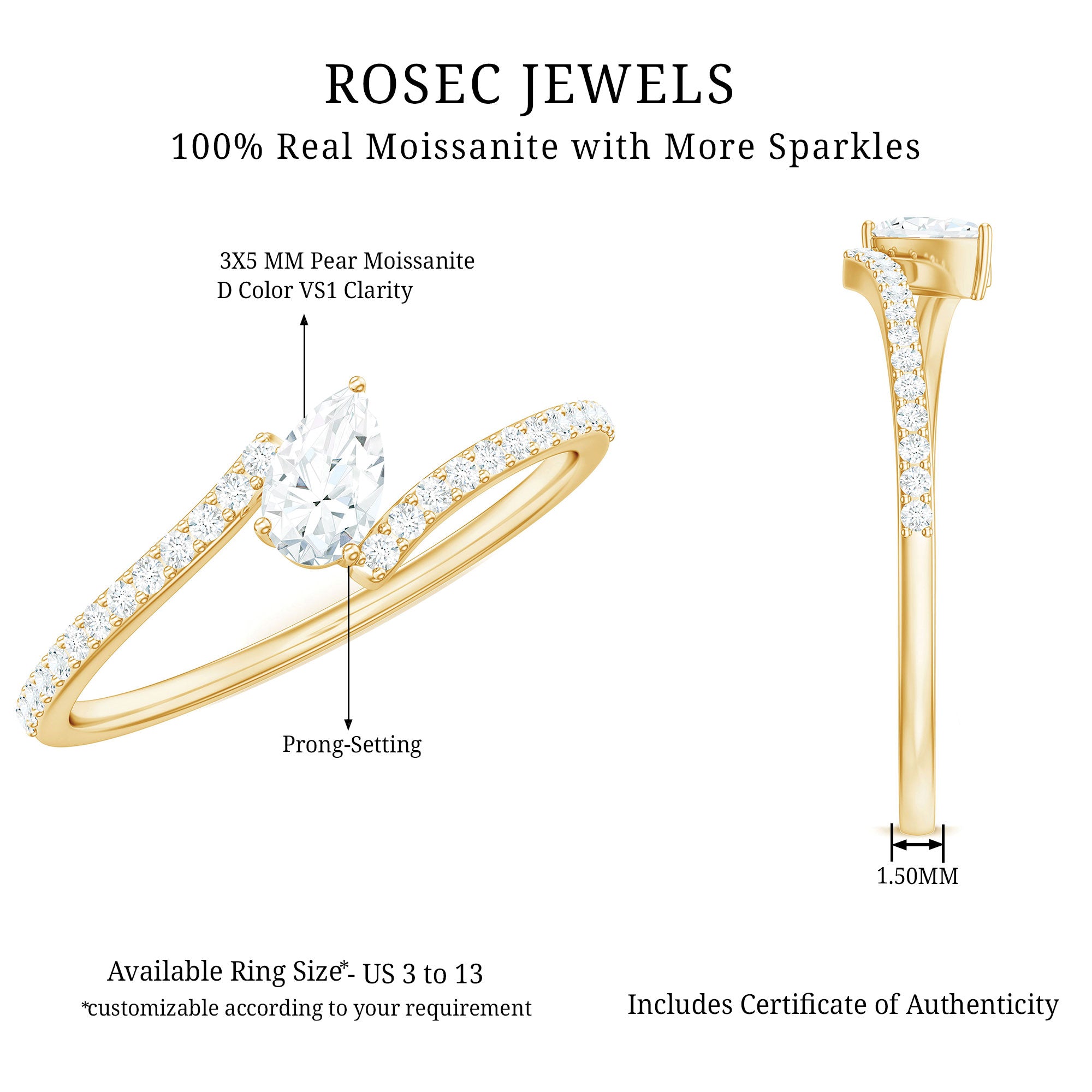 Pear Shaped Moissanite Bypass Promise Ring for Her D-VS1 - Rosec Jewels