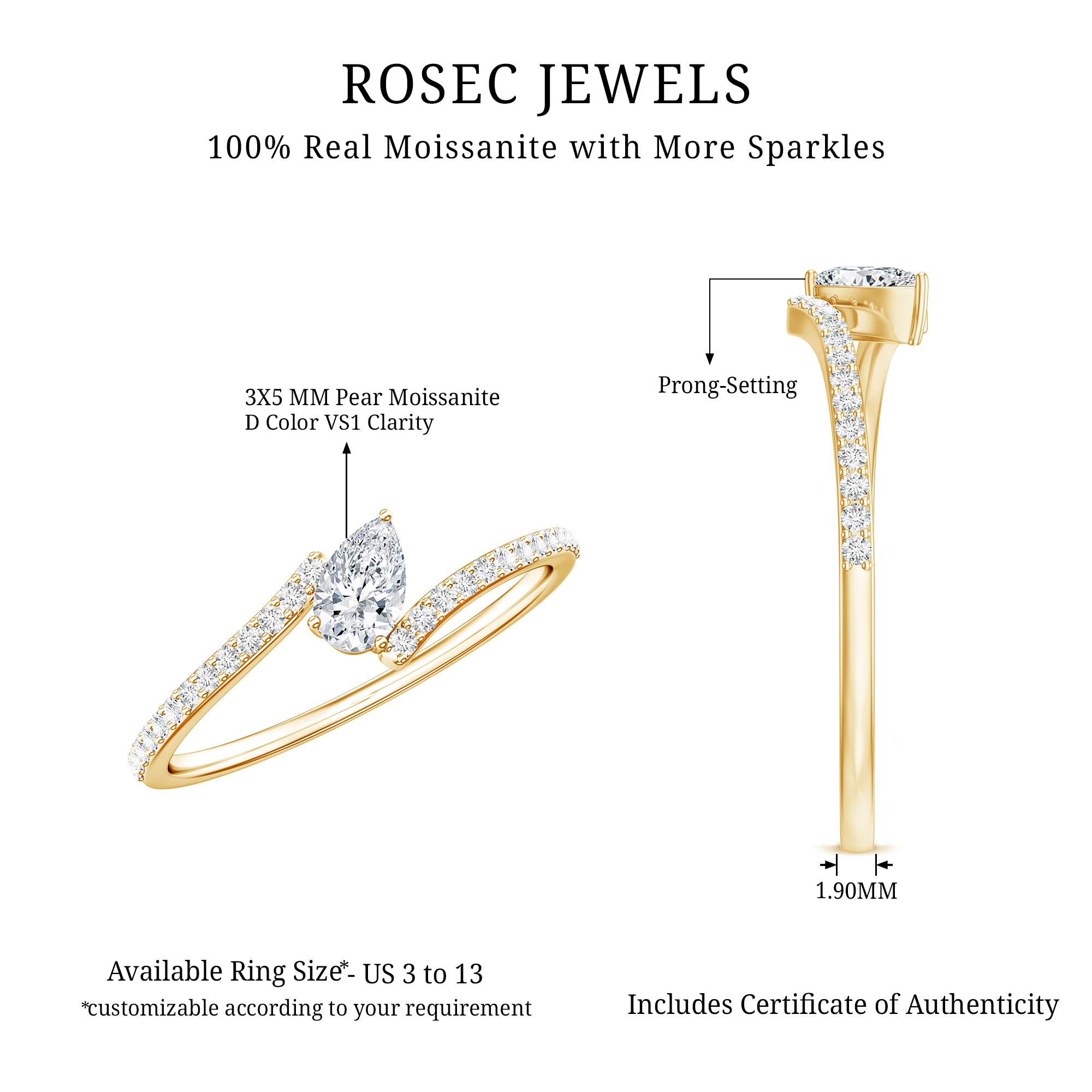 Pear Shaped Moissanite Bypass Promise Ring for Her D-VS1 - Rosec Jewels