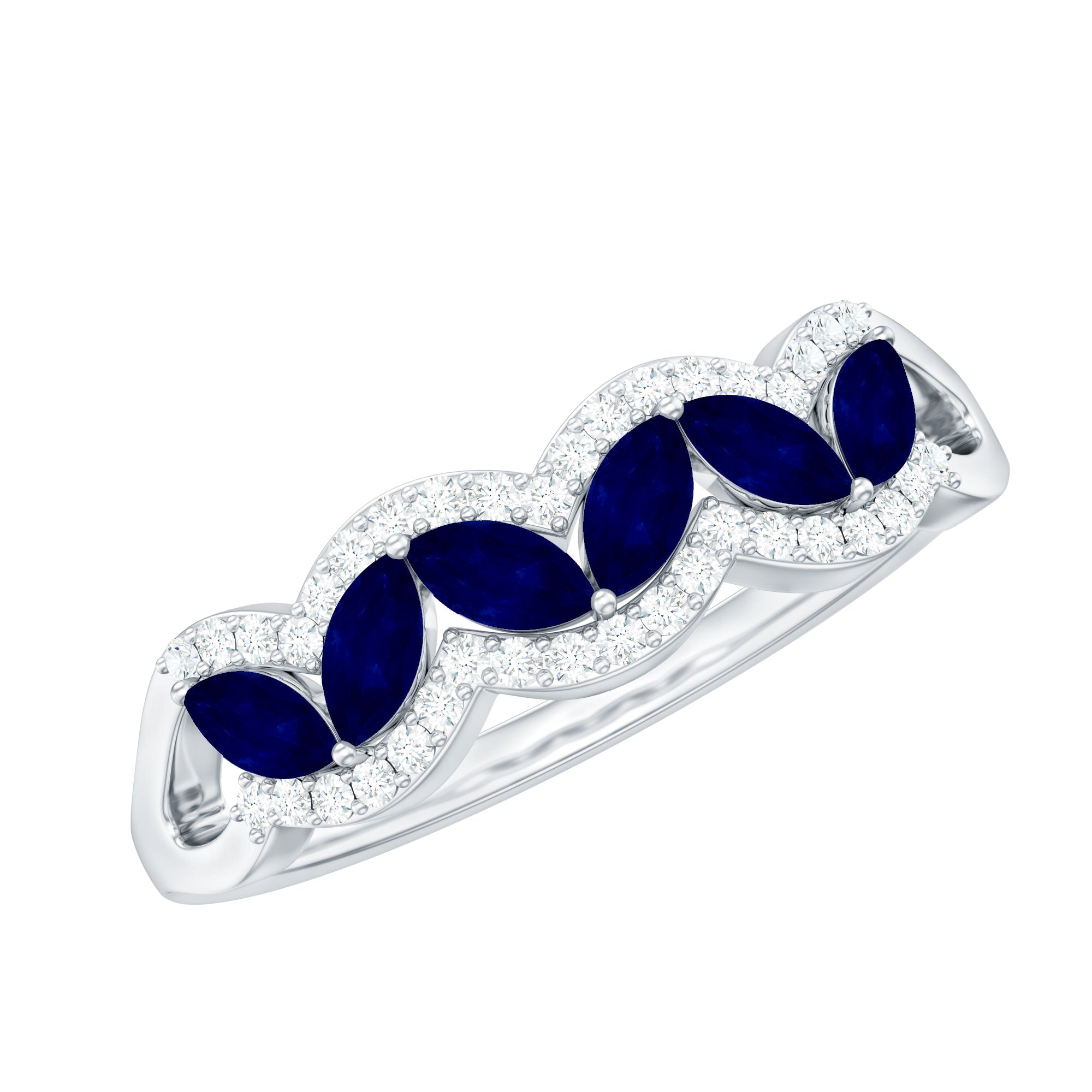 Certified Marquise Cut Blue Sapphire and Diamond Wedding Anniversary Band Ring AAA - Rosec Jewels