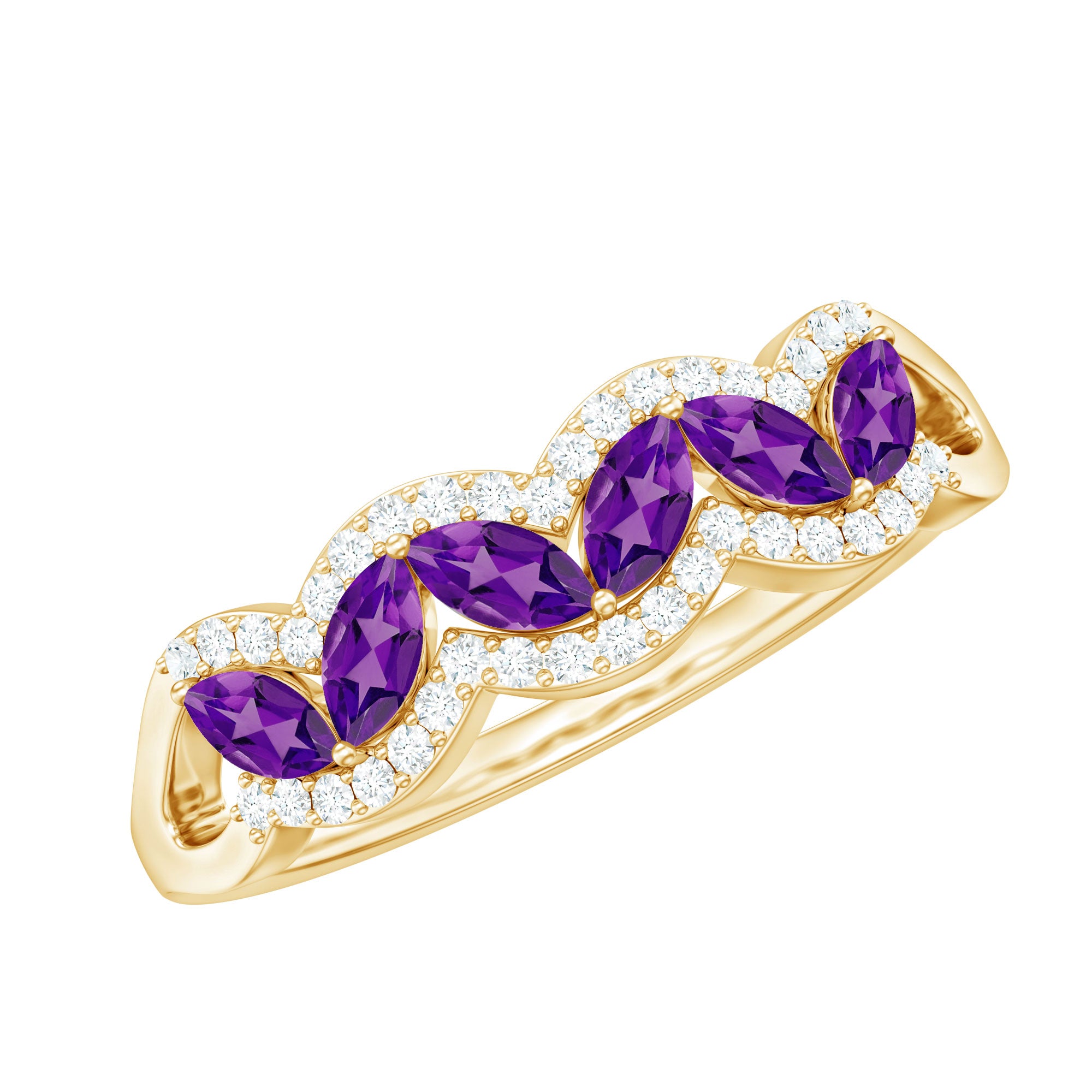 Real Marquise Amethyst Half Eternity Band Ring with Diamond AAA - Rosec Jewels