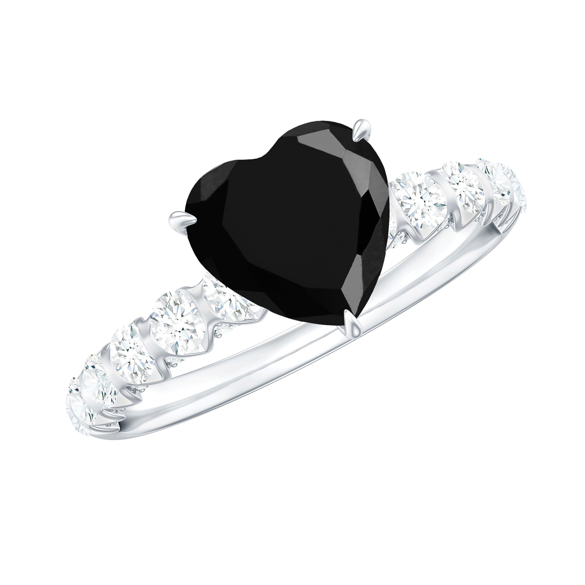Natural 2 Carat Black Spinel Heart Engagement Ring with Diamond Side Stones