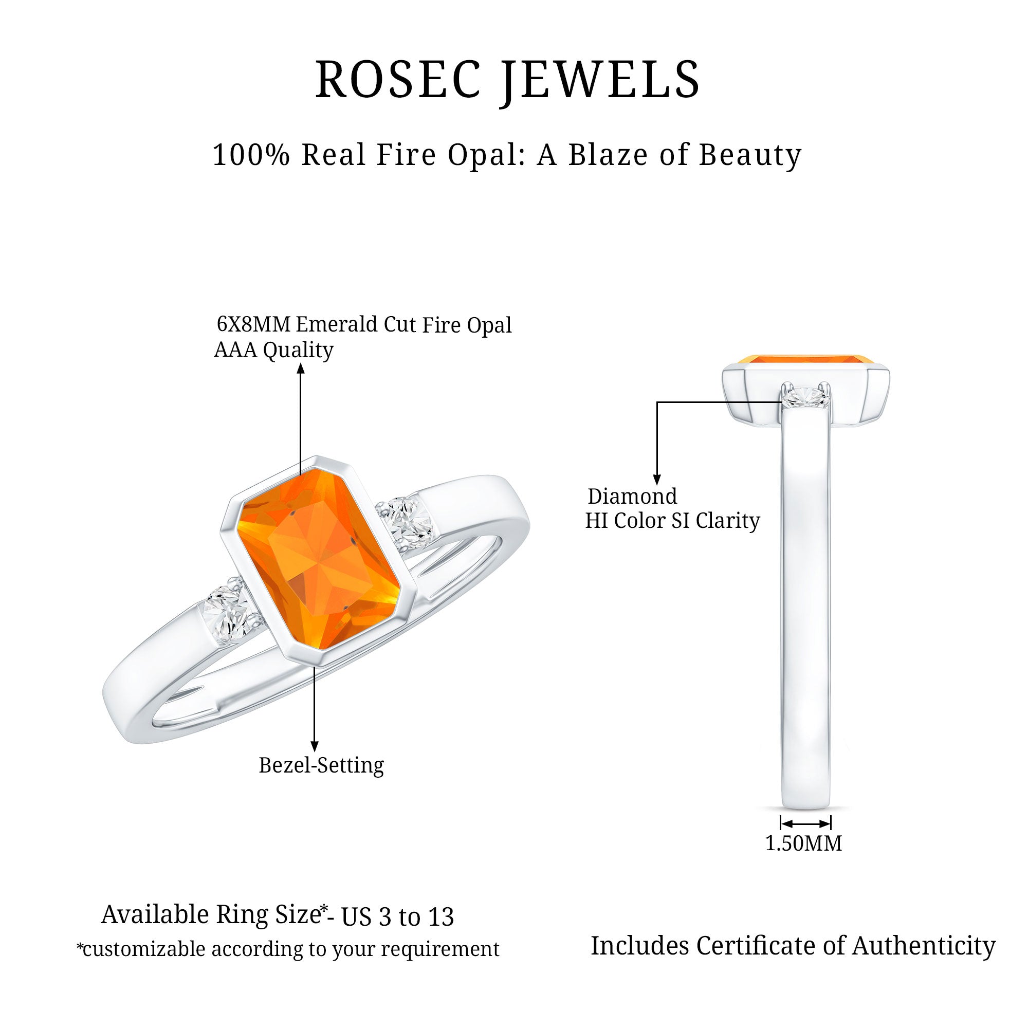 6X8 MM Fire Opal Emerald Cut Engagement Ring with Diamond AAA - Rosec Jewels