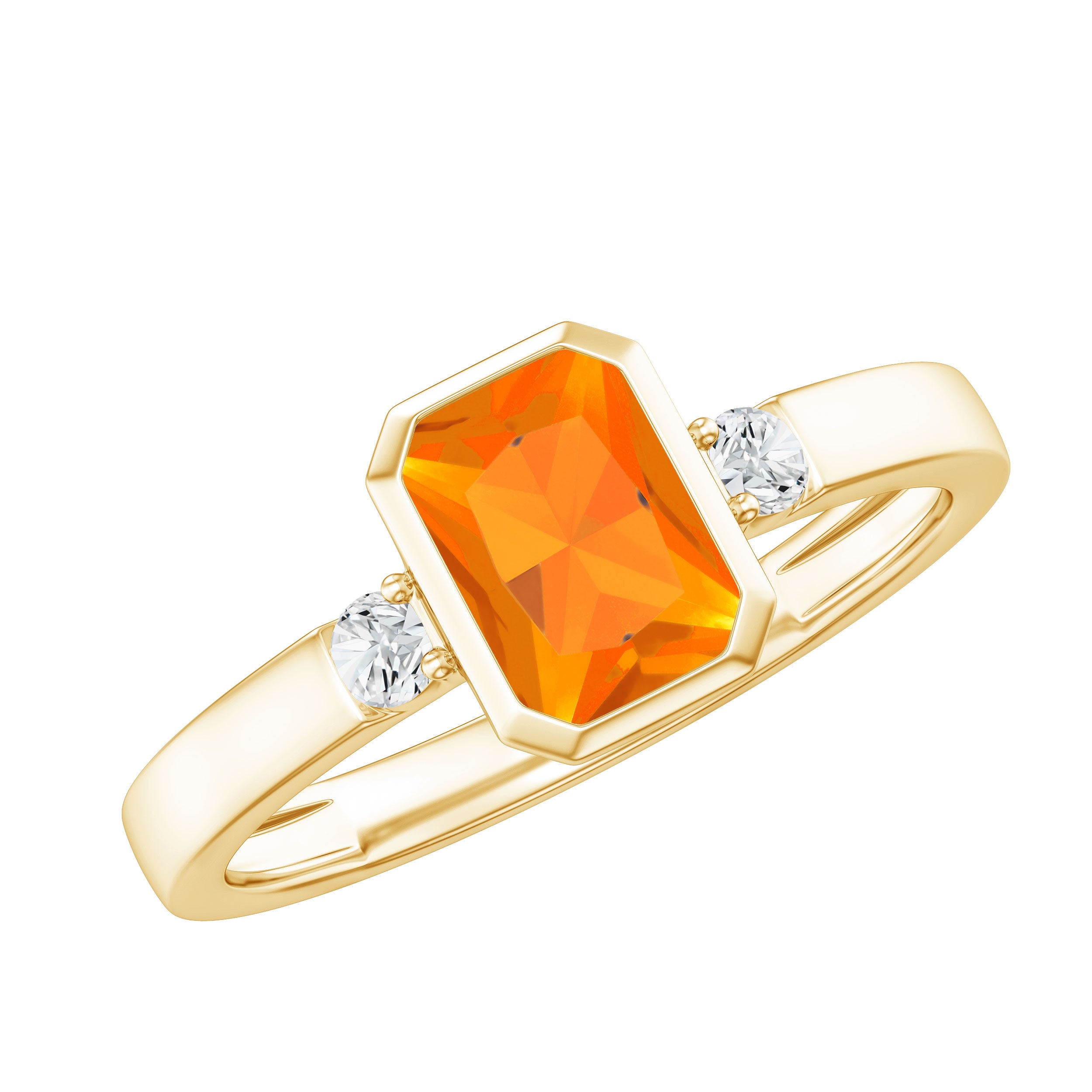 6X8 MM Fire Opal Emerald Cut Engagement Ring with Diamond AAA - Rosec Jewels