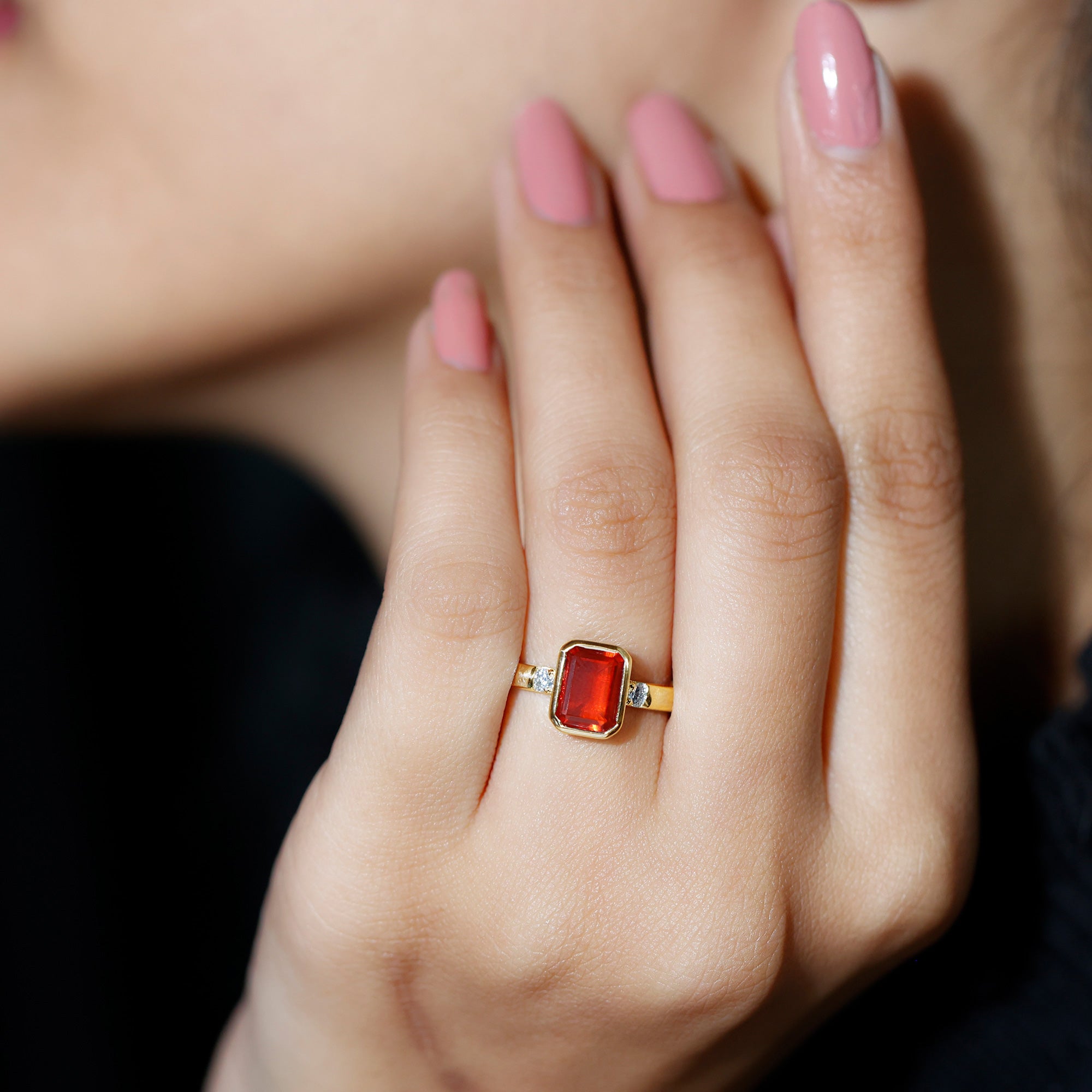 6X8 MM Fire Opal Emerald Cut Engagement Ring with Diamond AAA - Rosec Jewels