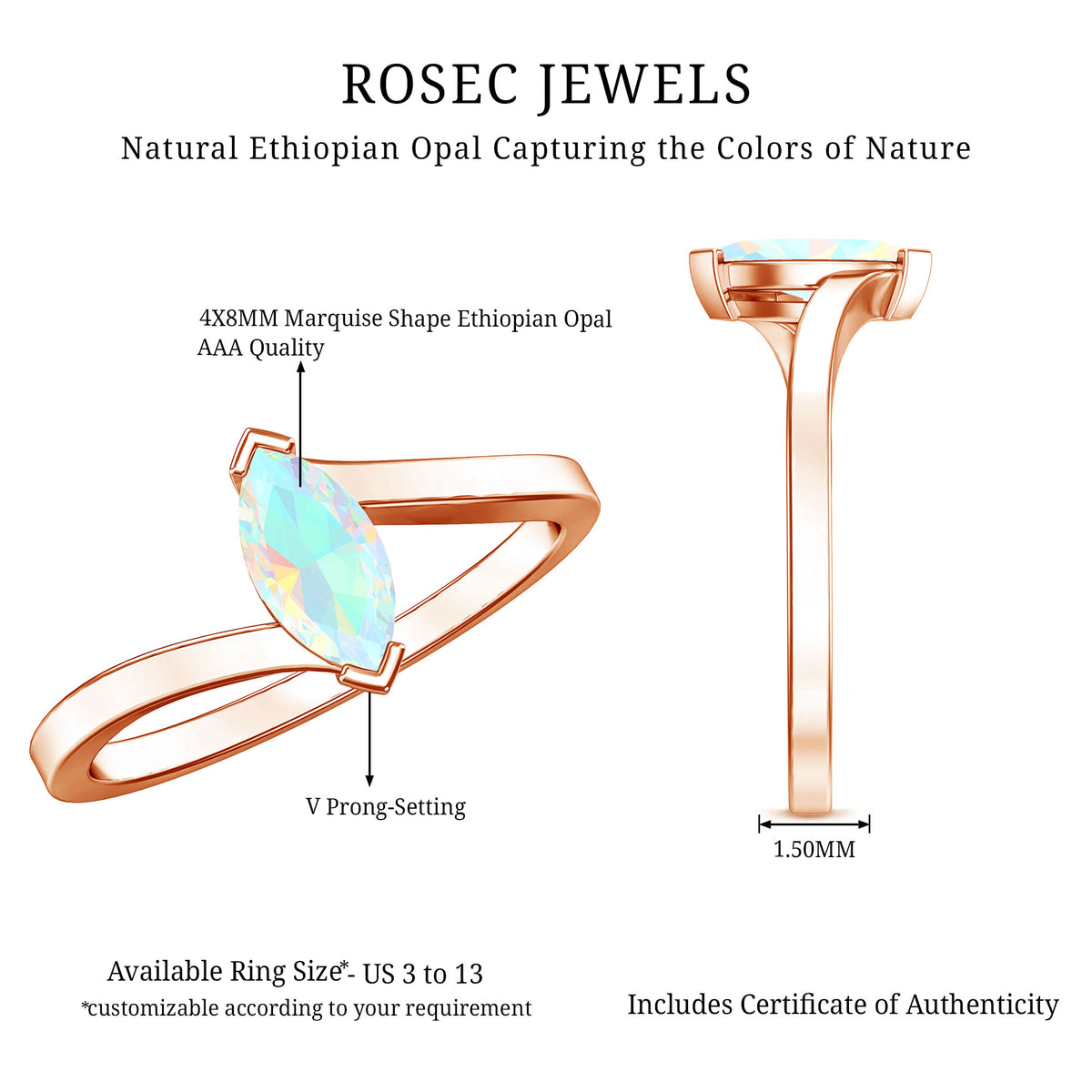 Natural Marquise Ethiopian Rainbow Opal Promise Ring with Bypass Shank AAA - Rosec Jewels