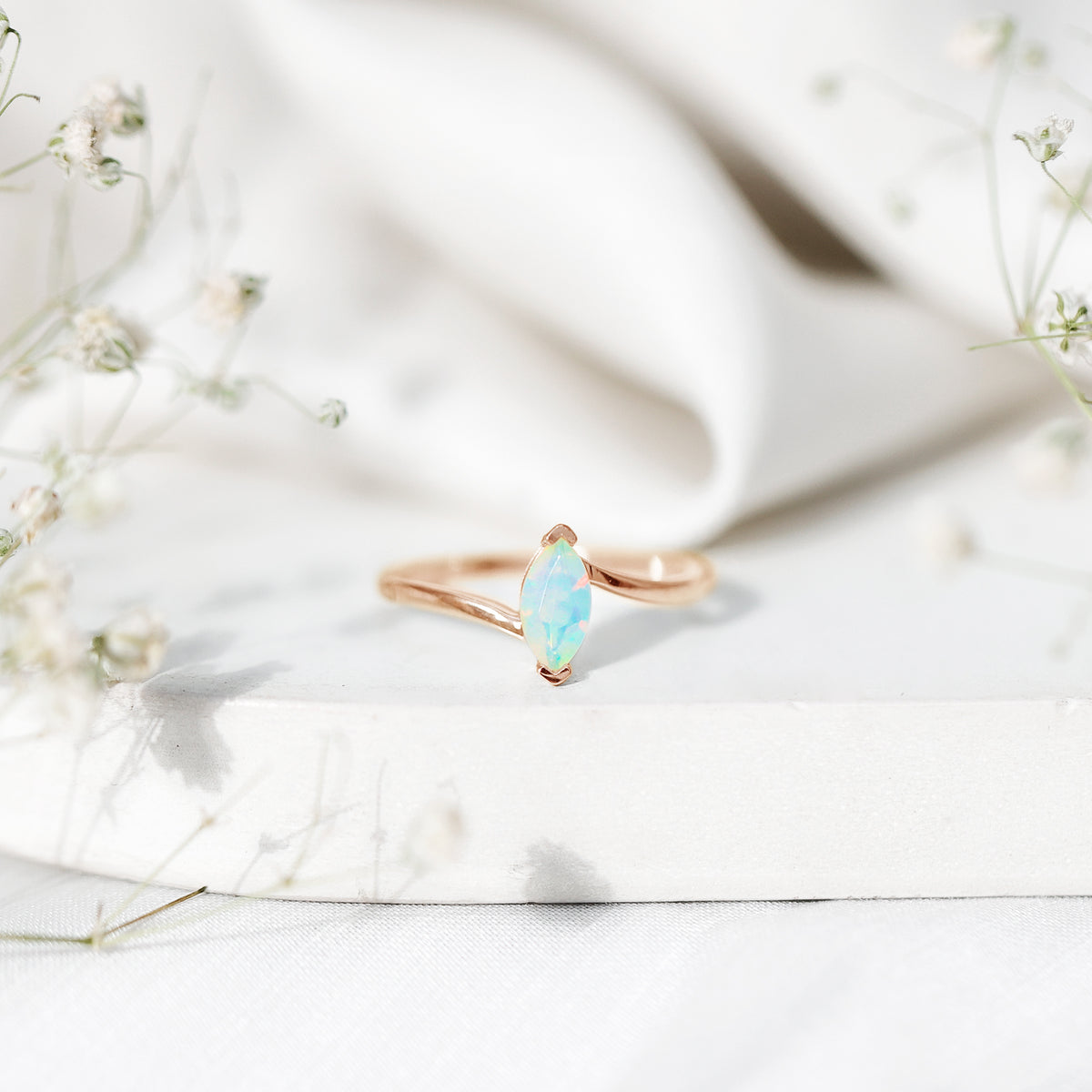 Natural Marquise Ethiopian Rainbow Opal Promise Ring with Bypass Shank AAA - Rosec Jewels