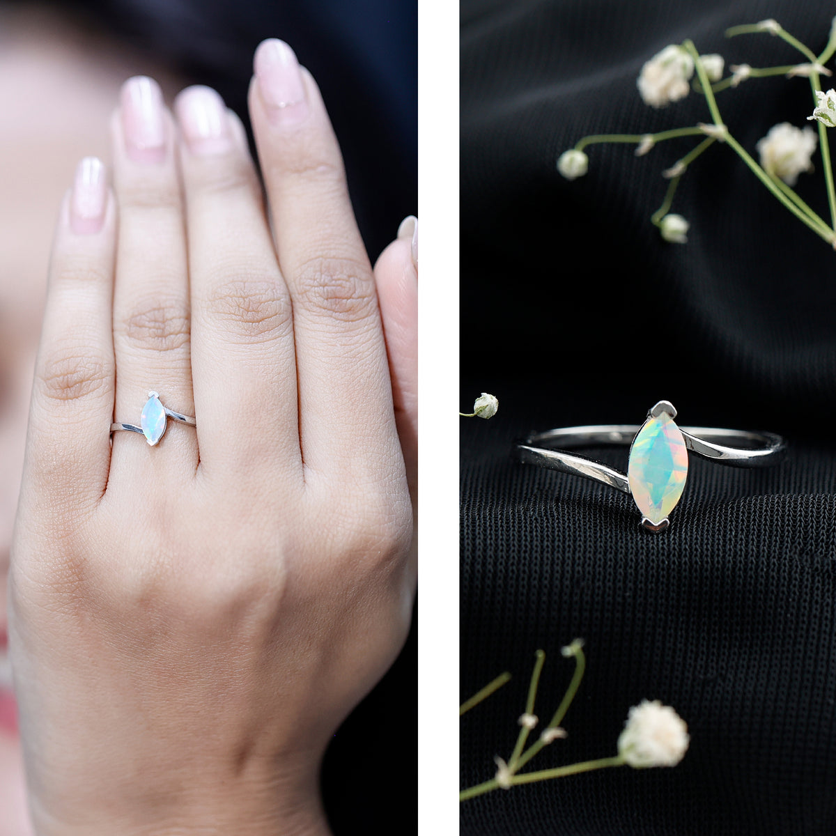 Natural Marquise Ethiopian Rainbow Opal Promise Ring with Bypass Shank AAA - Rosec Jewels